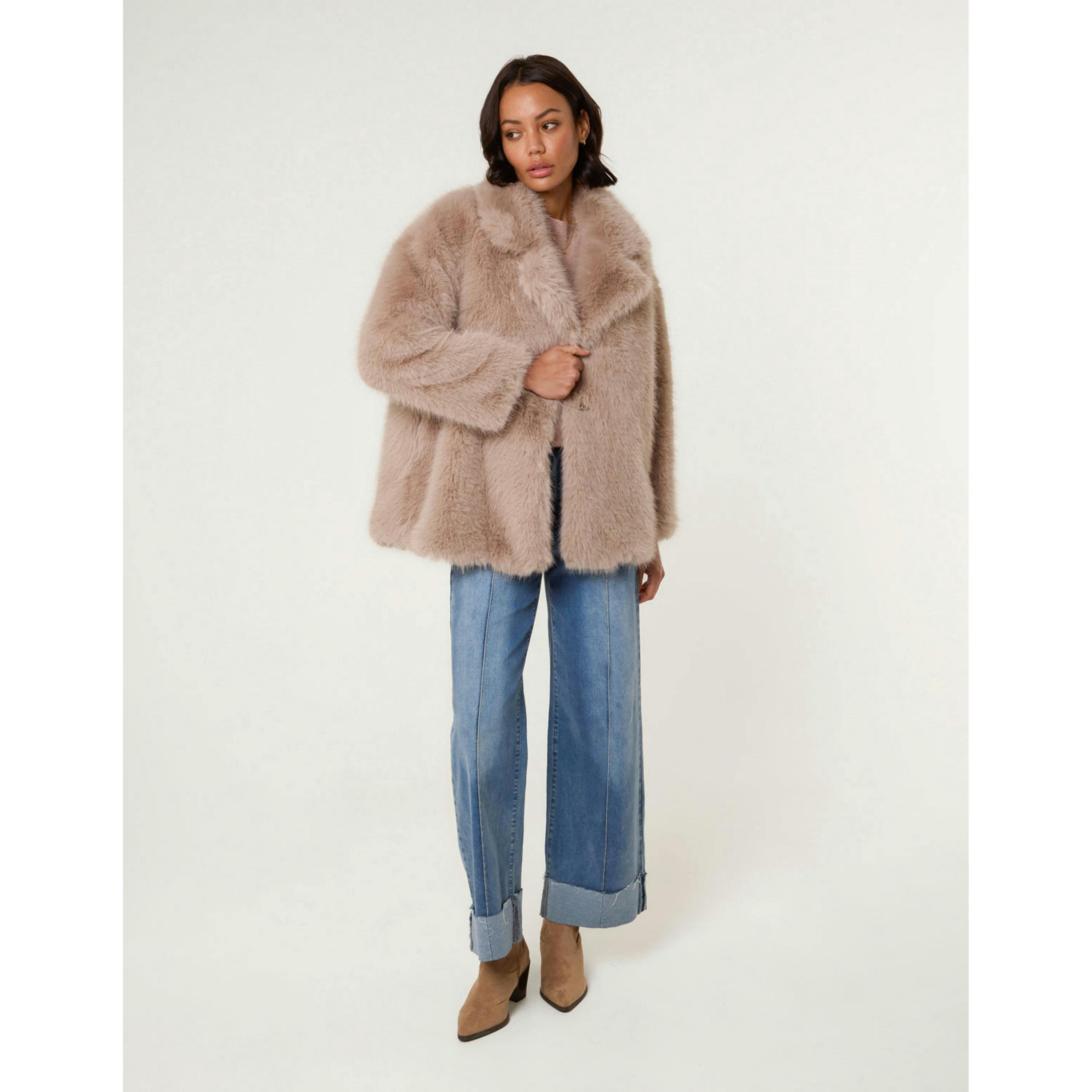 Blue Vanilla Short Faux Fur Coat  in Beige , view 4 of 5