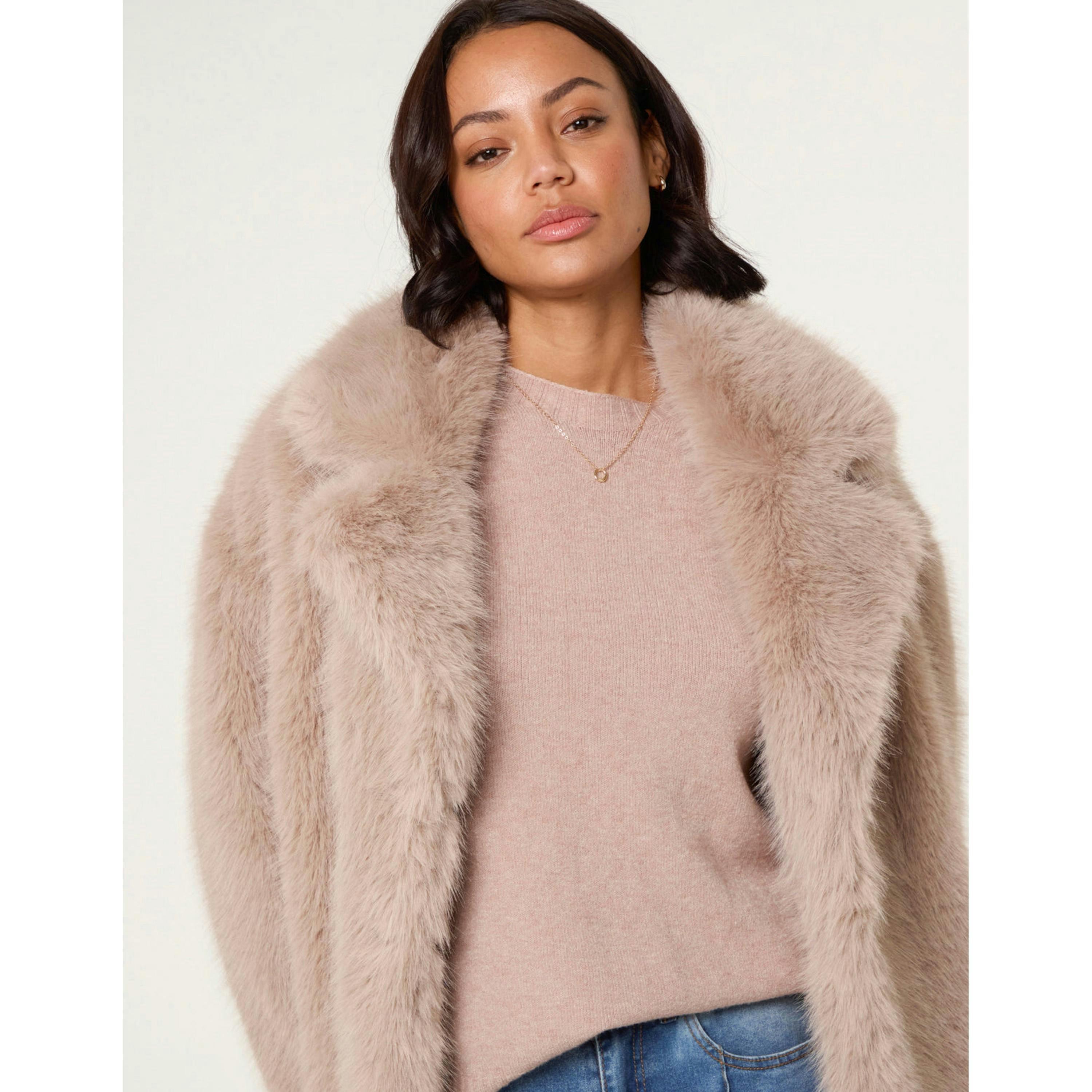 Blue Vanilla Short Faux Fur Coat  in Beige , view 5 of 5