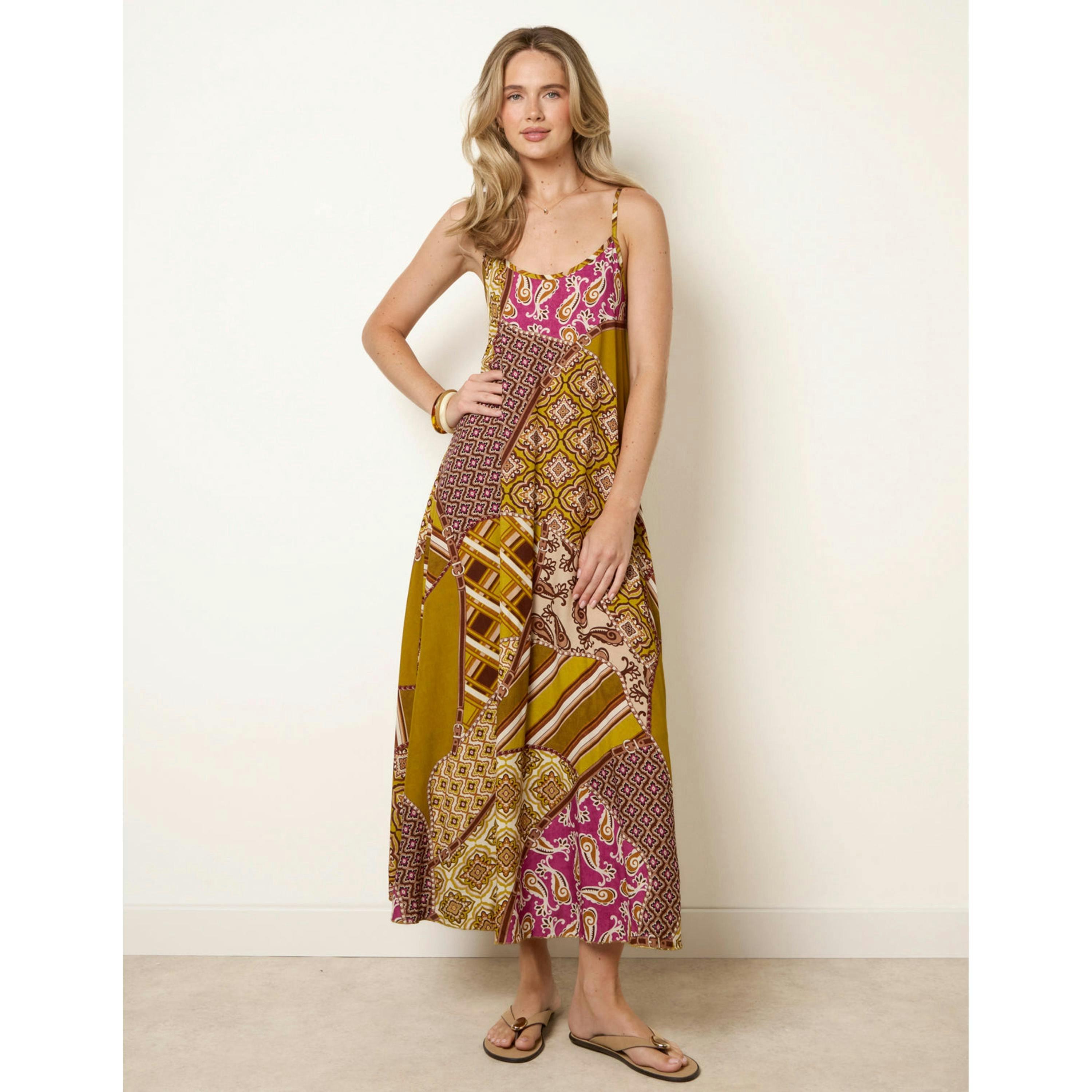 Blue Vanilla Patchwork Printed Transitional Print Dress  in Green , view 1 of 4