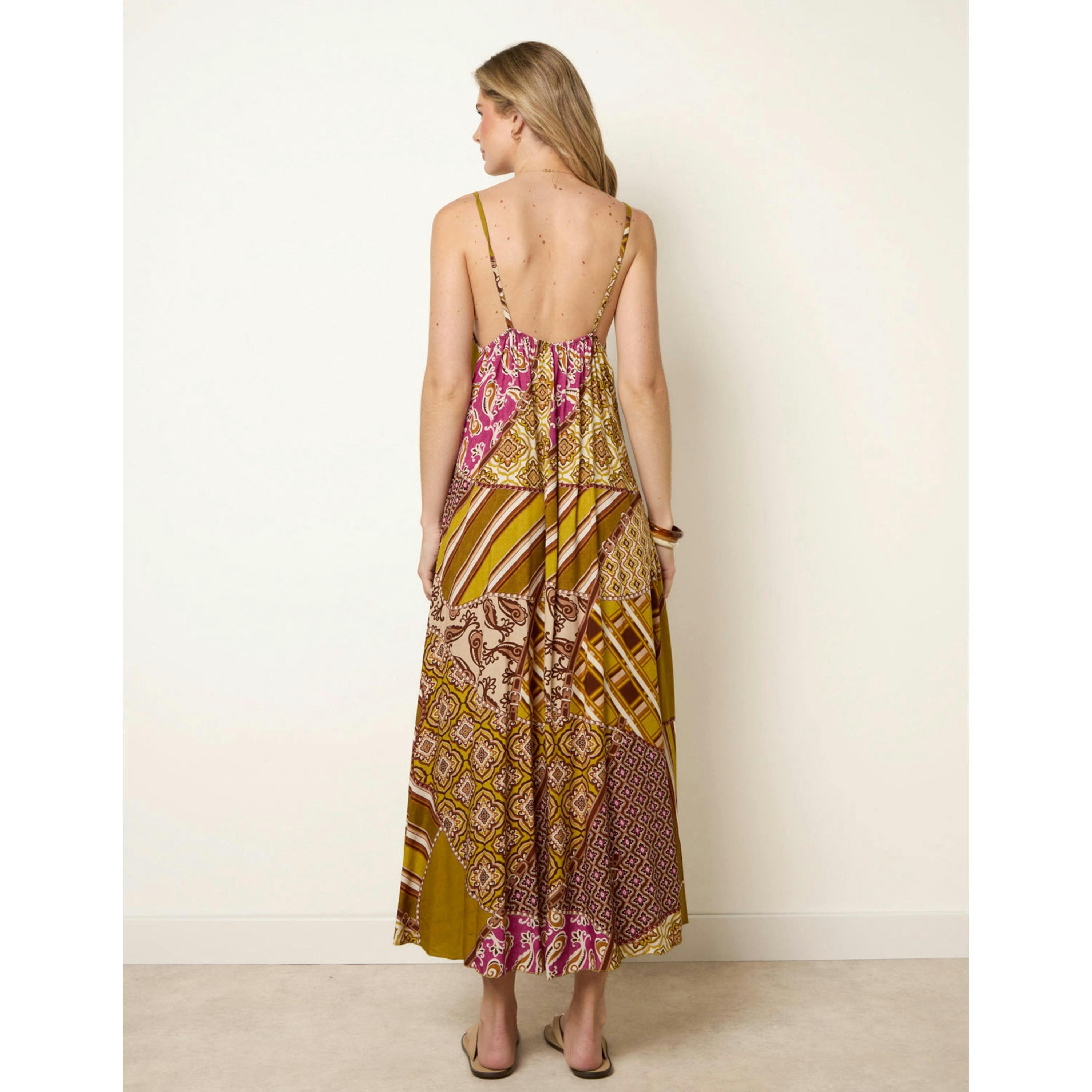 Blue Vanilla Patchwork Printed Transitional Print Dress  in Green , view 2 of 4