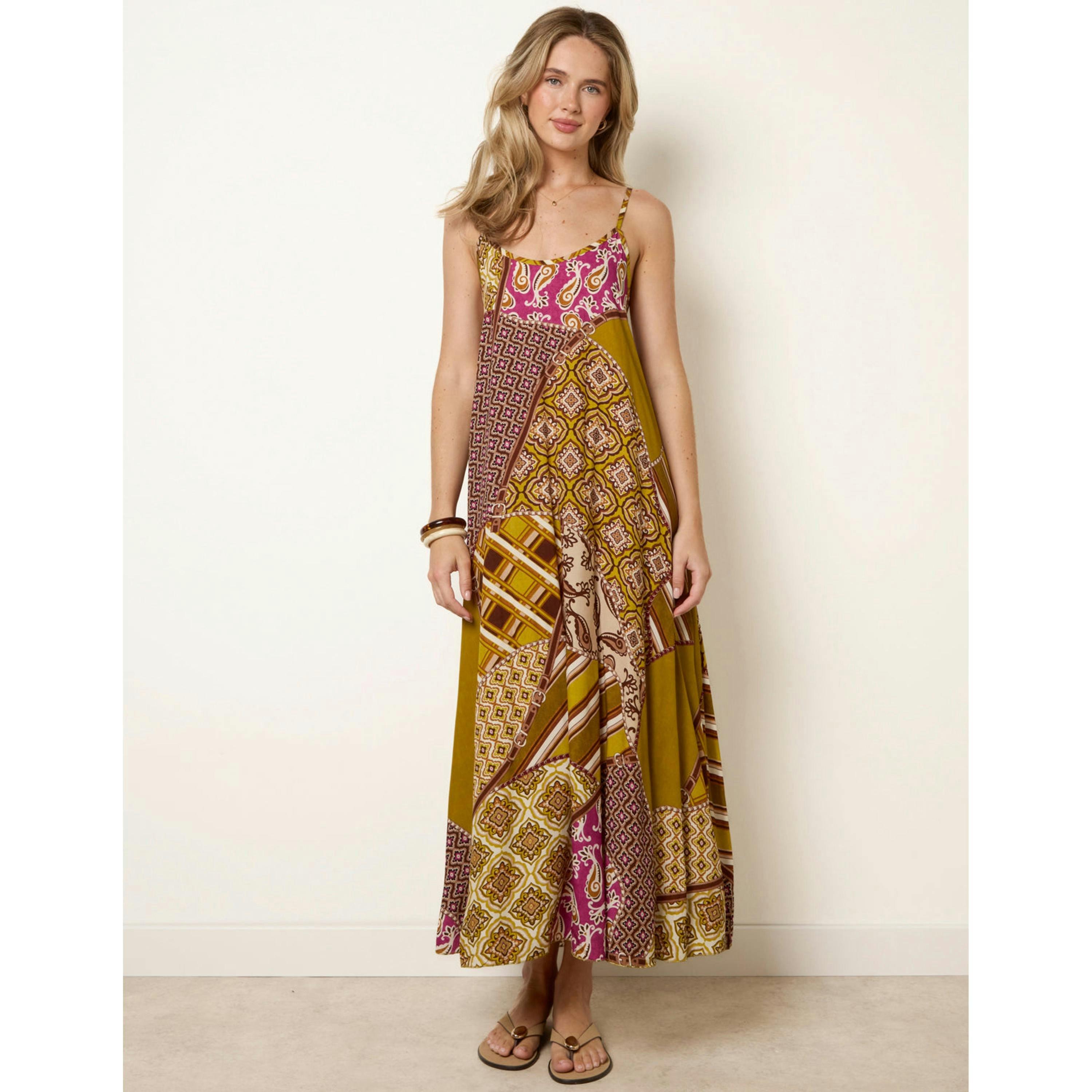 Blue Vanilla Patchwork Printed Transitional Print Dress  in Green , view 4 of 4