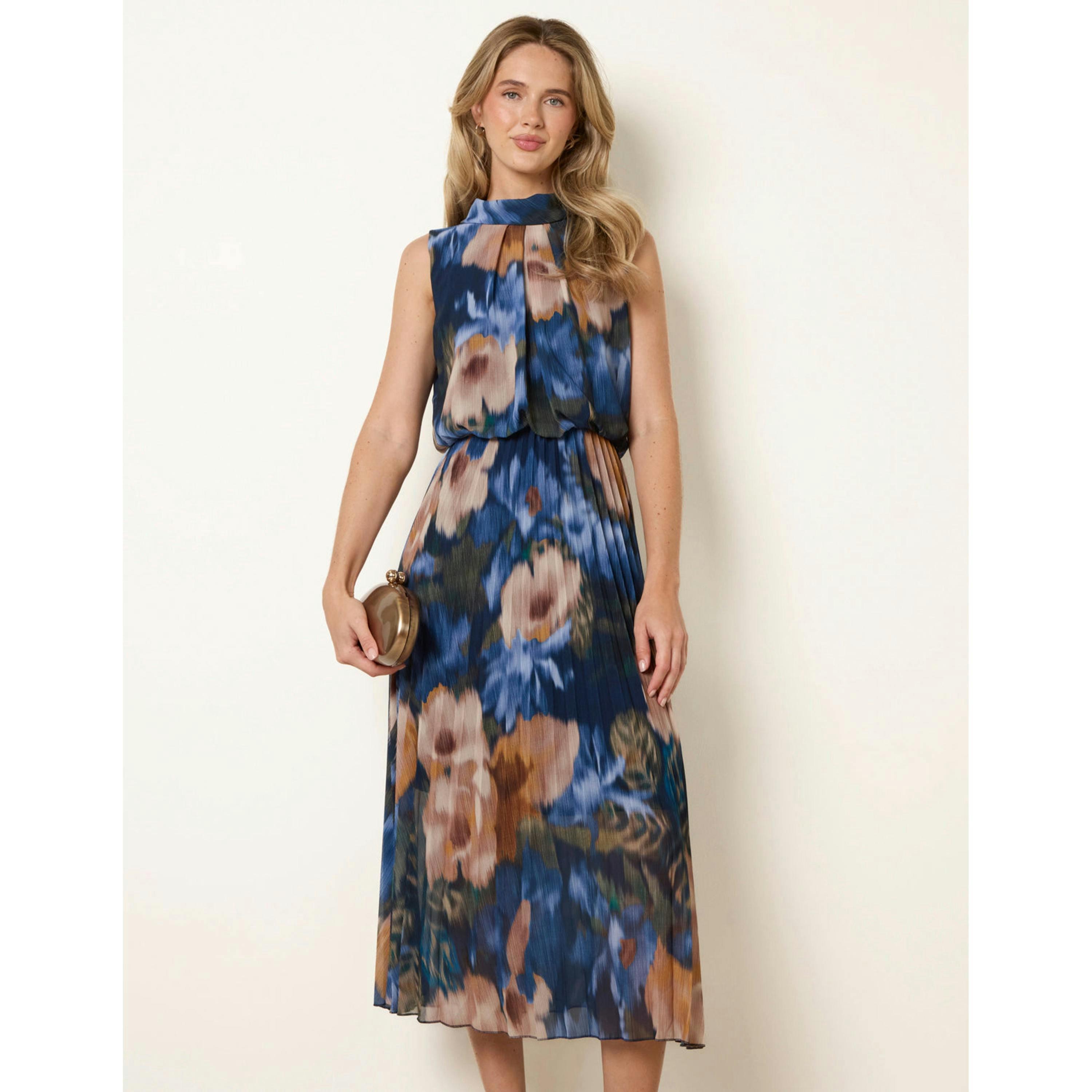 Blue Vanilla Sleeveless Cowl Neck Pleat Dress  in Navy , view 1 of 4