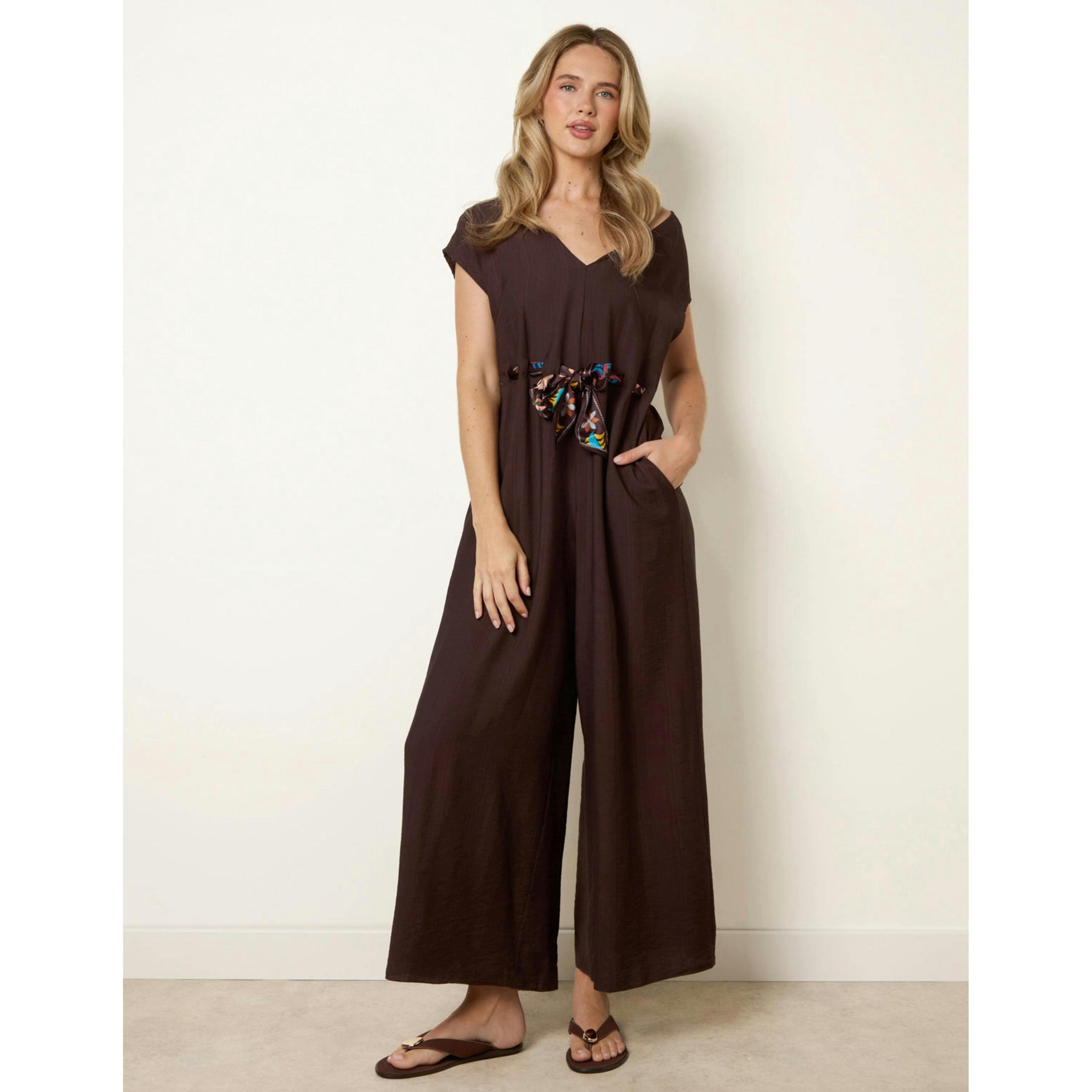 Blue Vanilla Belted Tie Drawstring Scarf Jumpsuit  in Brown , view 1 of 4