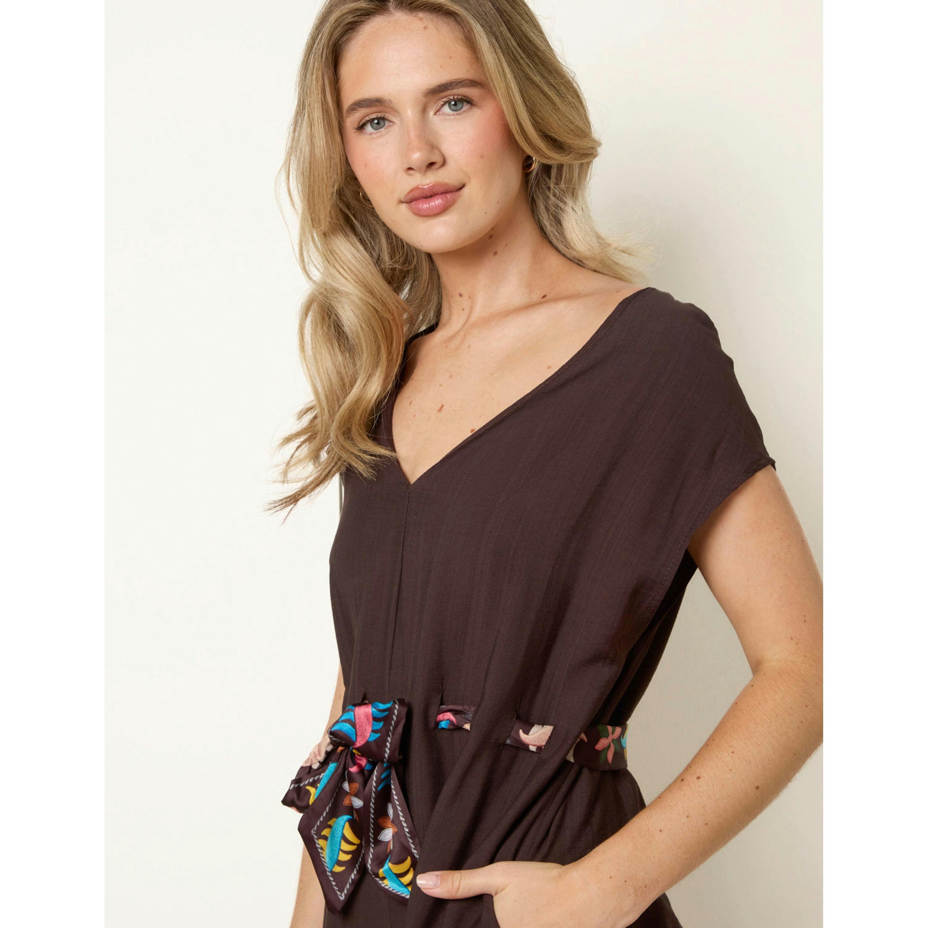 Blue Vanilla Belted Tie Drawstring Scarf Jumpsuit  in Brown , view 3 of 4