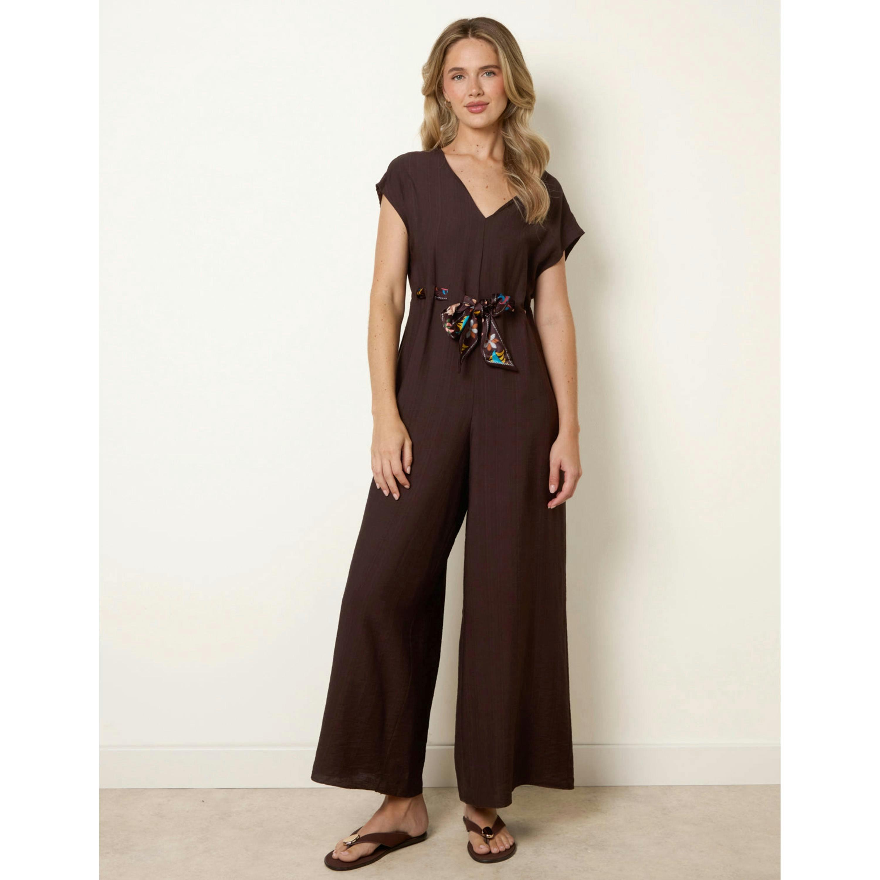 Blue Vanilla Belted Tie Drawstring Scarf Jumpsuit  in Brown , view 4 of 4