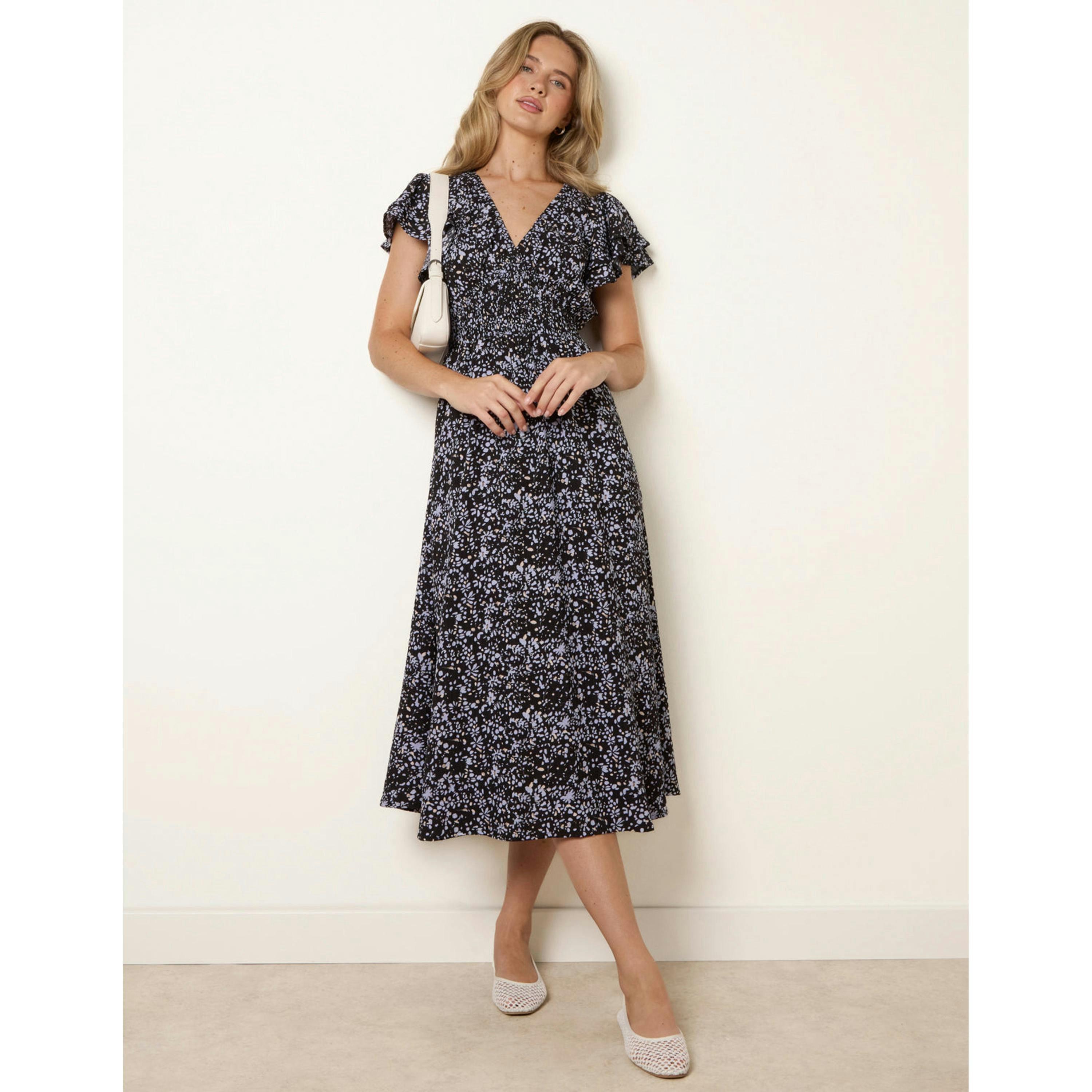 Blue Vanilla V Neck Flutter Midi Dress  in Black , view 1 of 4
