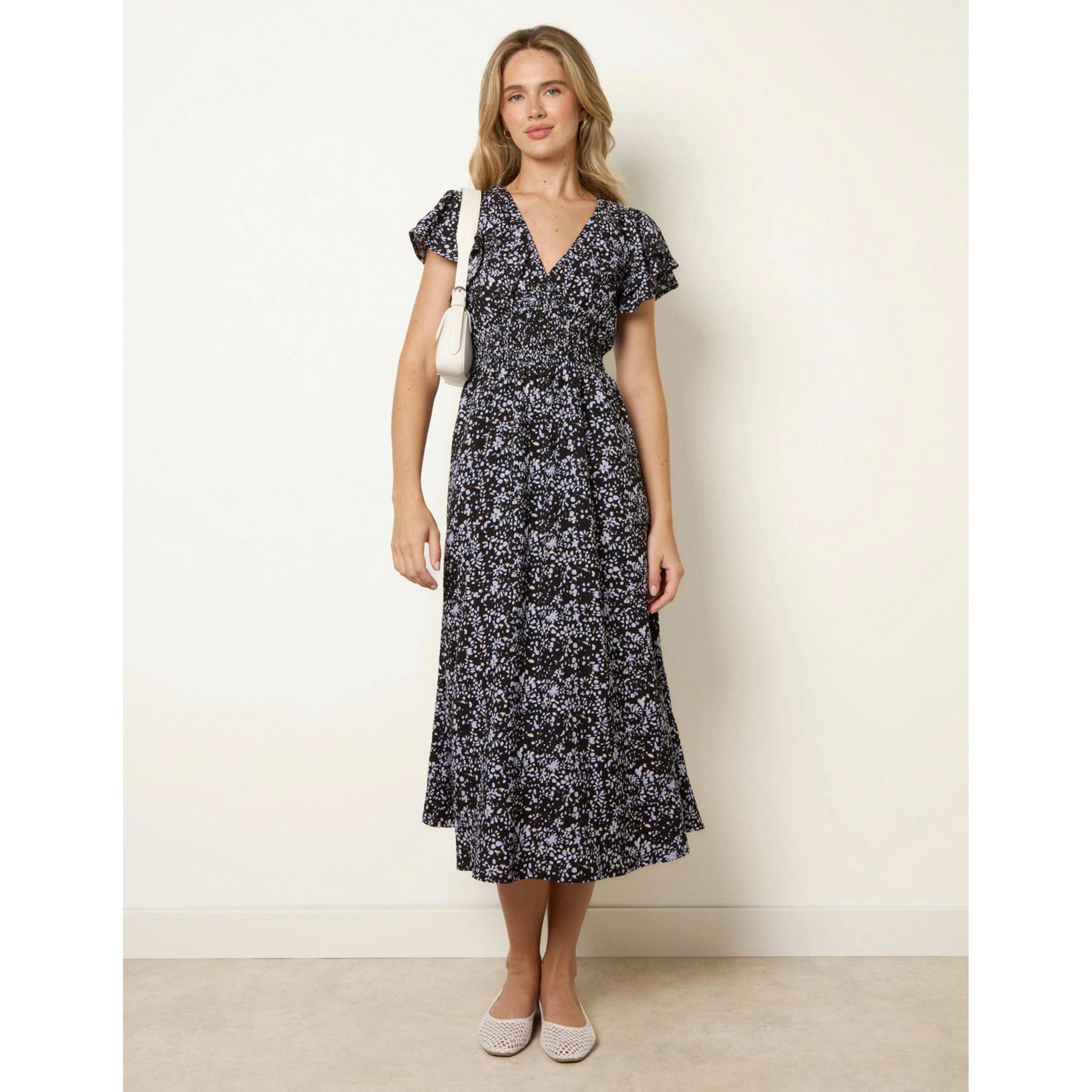 Blue Vanilla V Neck Flutter Midi Dress  in Black , view 3 of 4