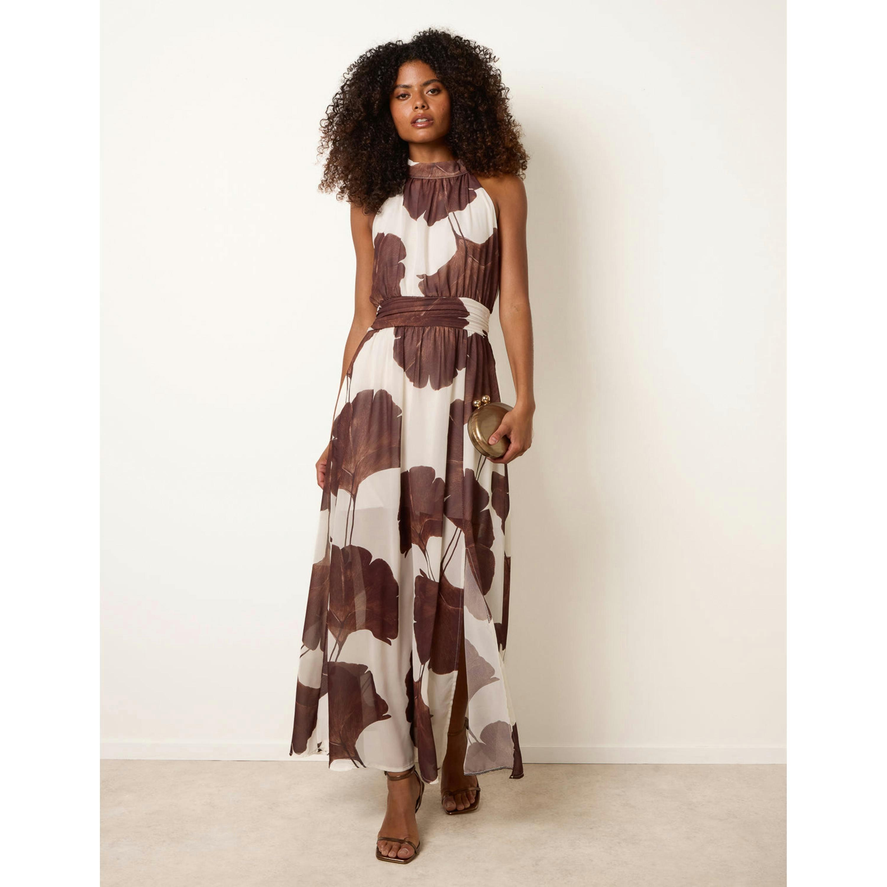 Blue Vanilla Printed Halter Neck Maxi Dress  in Brown , view 1 of 4
