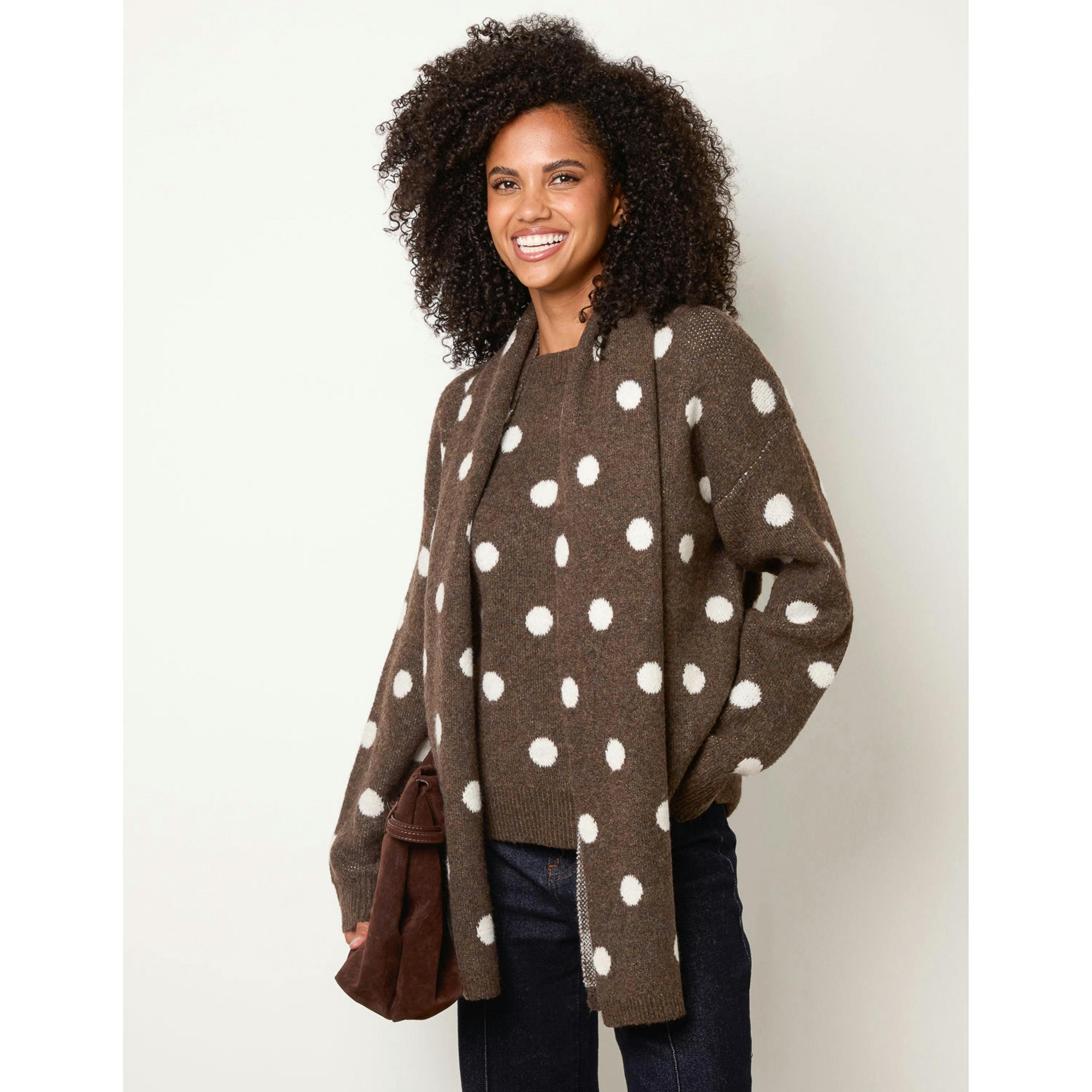 Blue Vanilla Polka Dot Knit Jumper With Scarf  in Brown , view 1 of 4