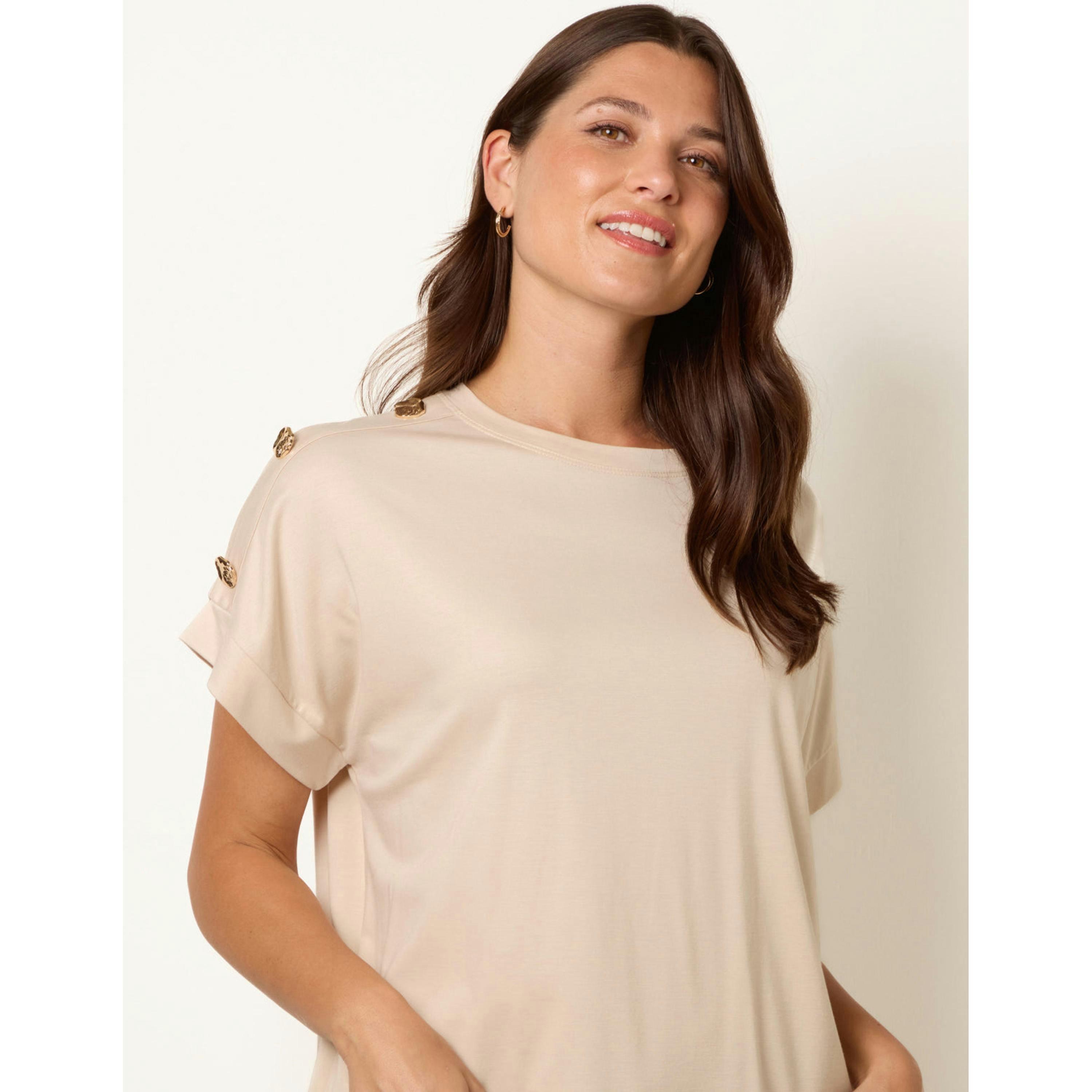Blue Vanilla Round Neck Brochure Shoulder Detailing T-Shirt  in Beige , view 1 of 5