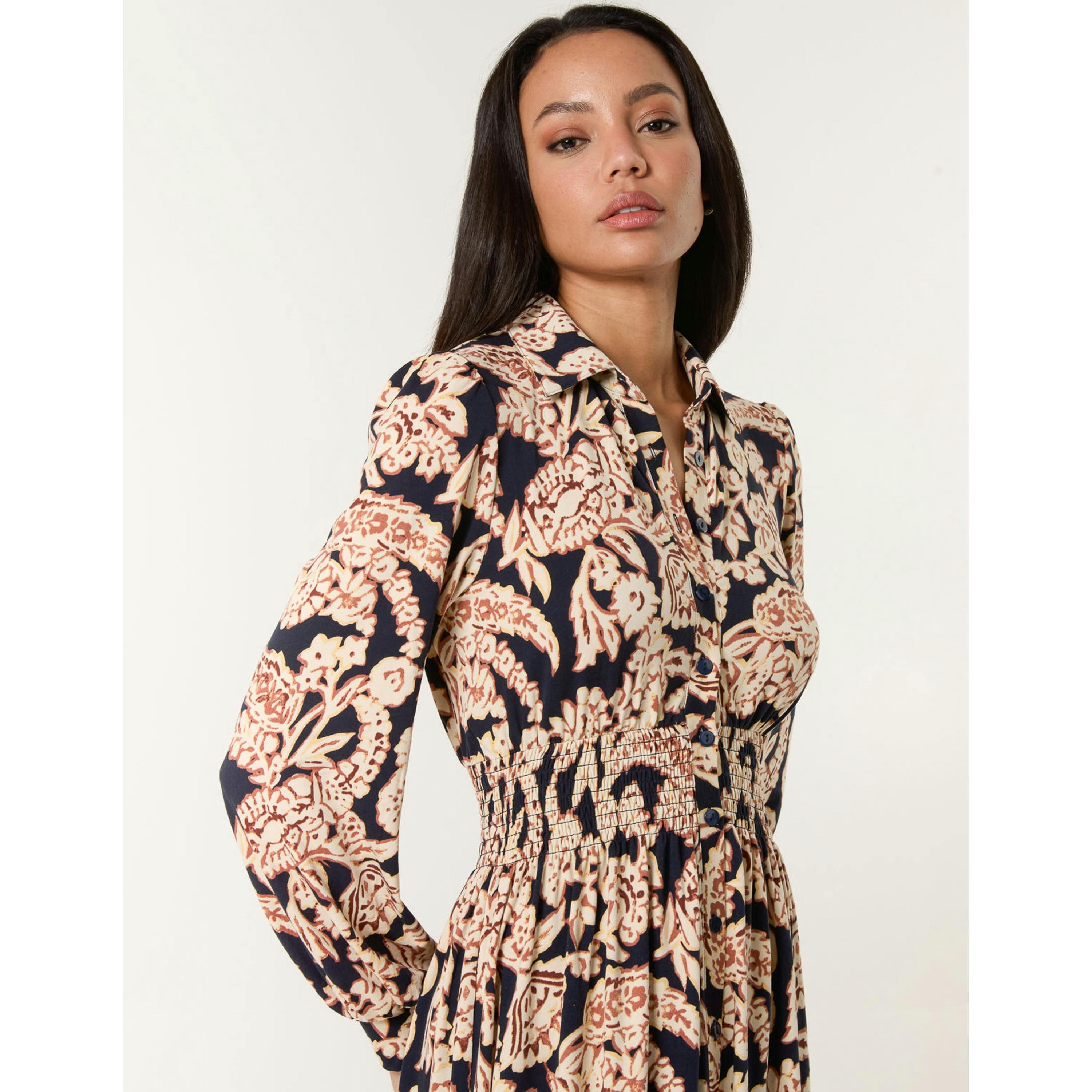 Blue Vanilla Border Print Shirt Dress  in Navy , view 3 of 4