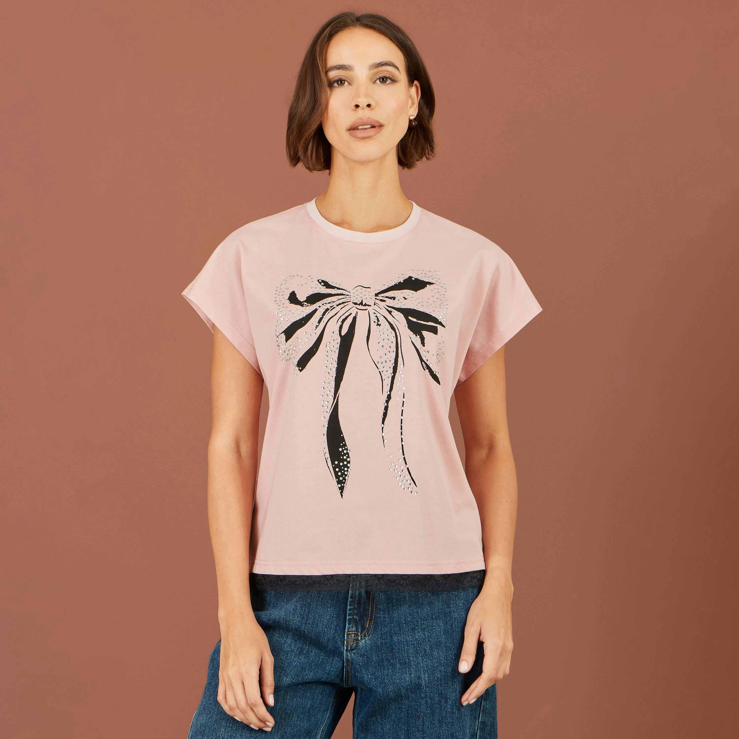Yumi Pink Bow T-Shirt With Lace , view 2 of 5