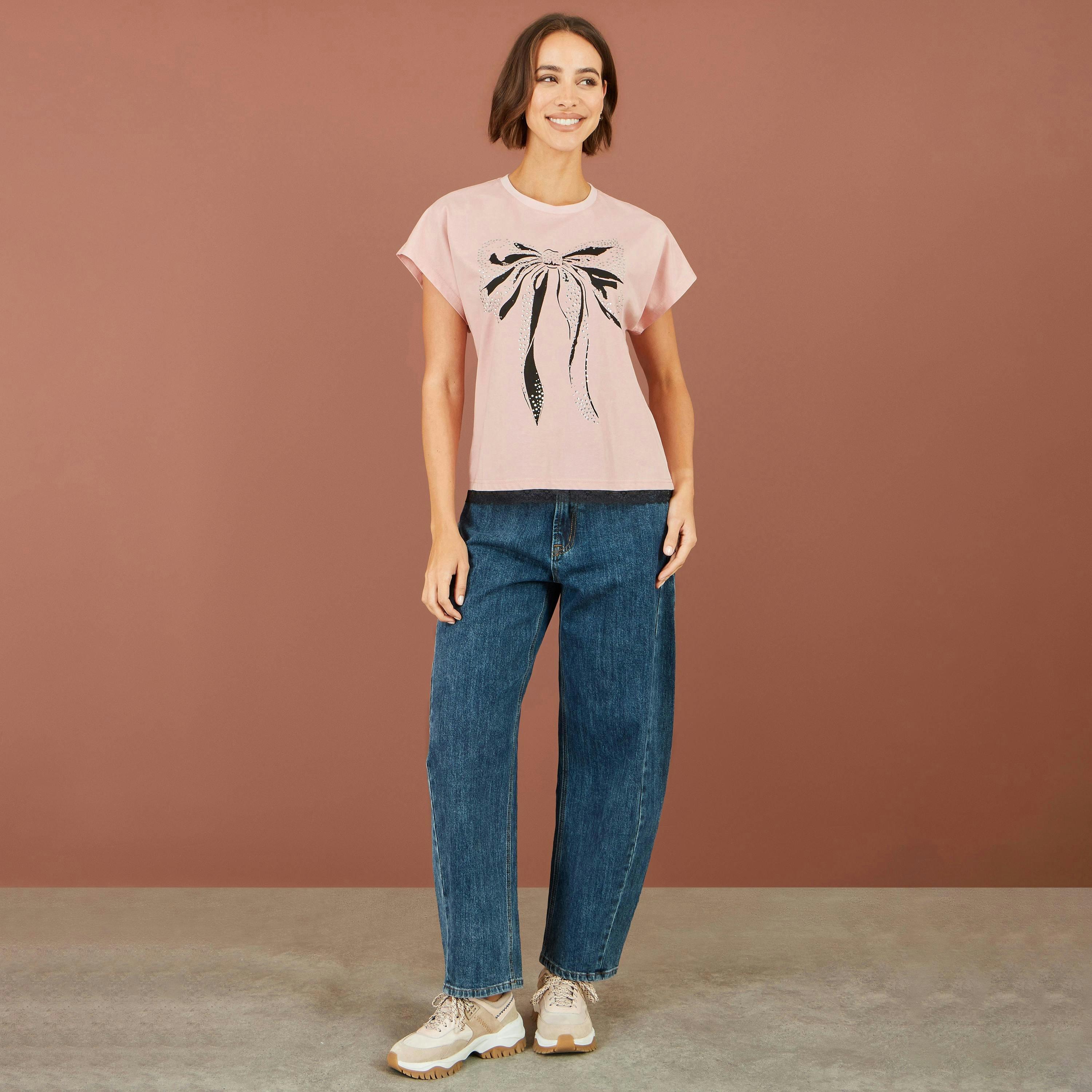Yumi Pink Bow T-Shirt With Lace , view 3 of 5