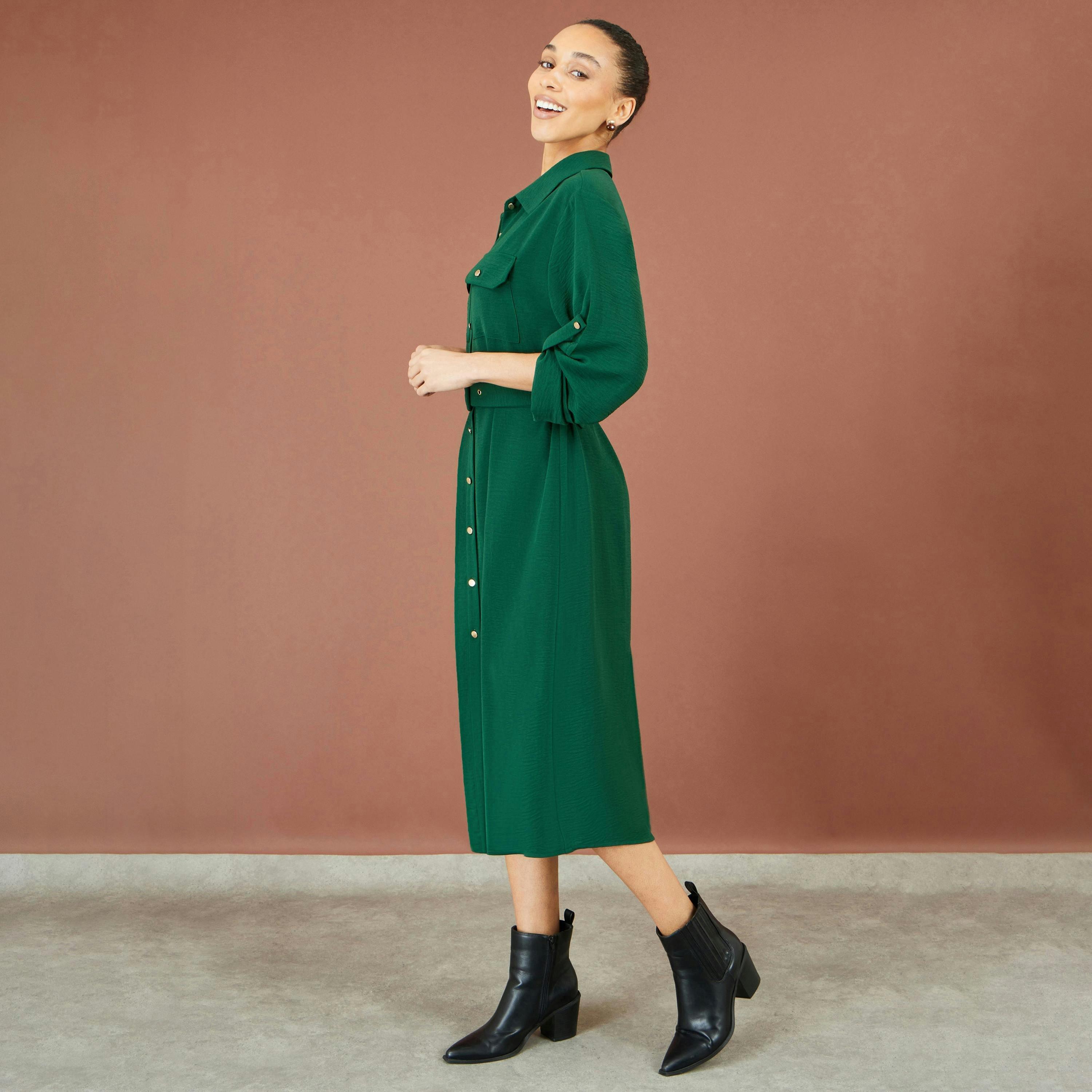 Yumi Green Stretch Midi Shirt Dress , view 2 of 5