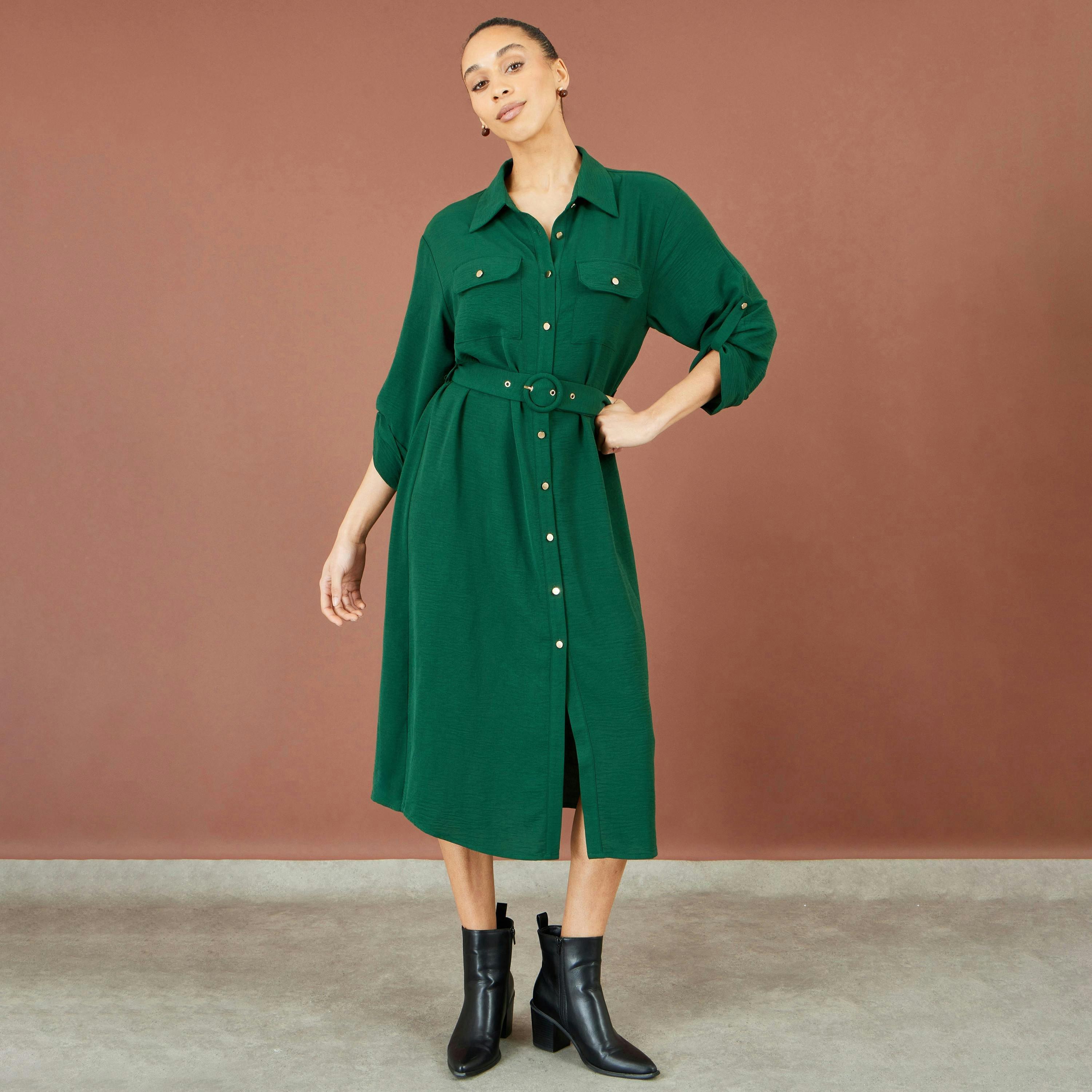 Yumi Green Stretch Midi Shirt Dress , view 3 of 5
