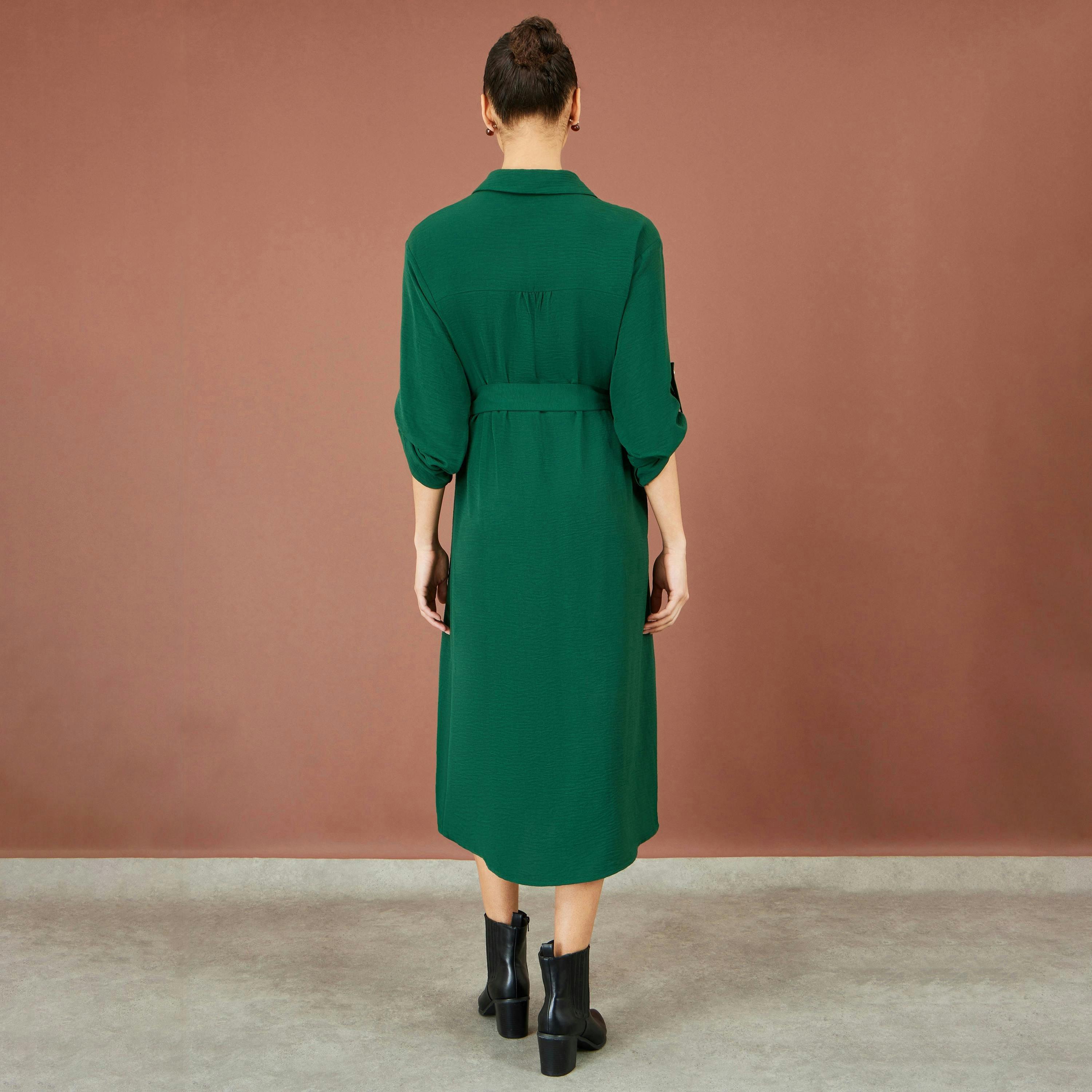 Yumi Green Stretch Midi Shirt Dress , view 4 of 5