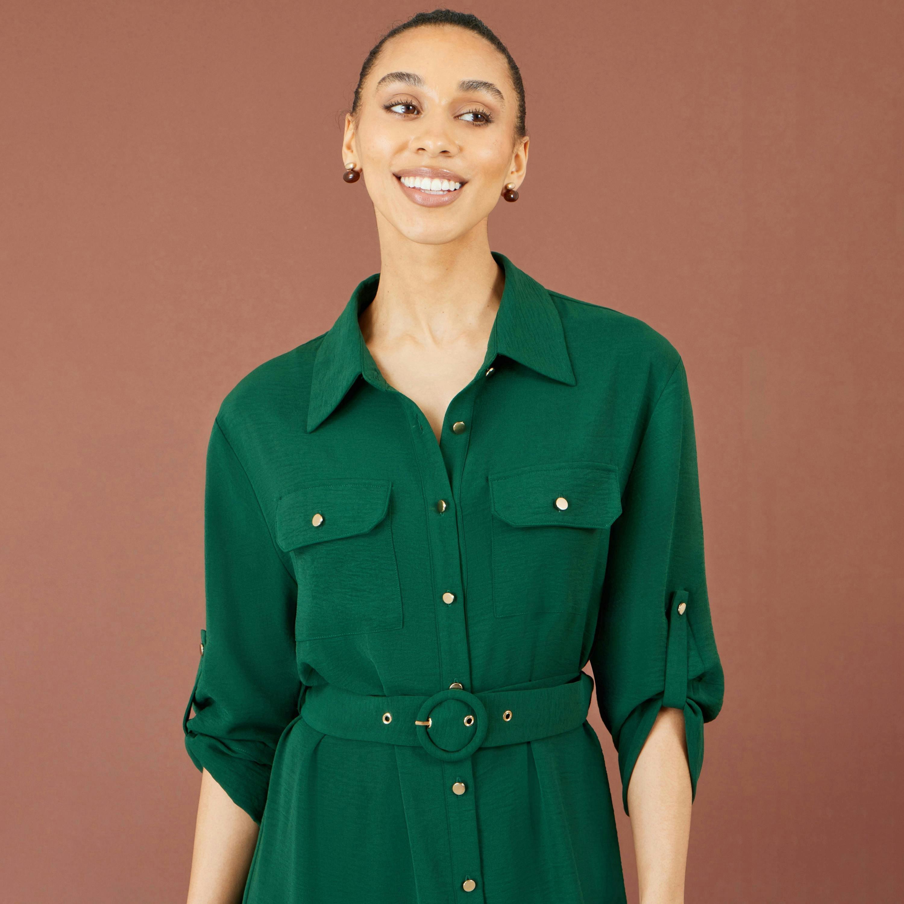 Yumi Green Stretch Midi Shirt Dress , view 5 of 5