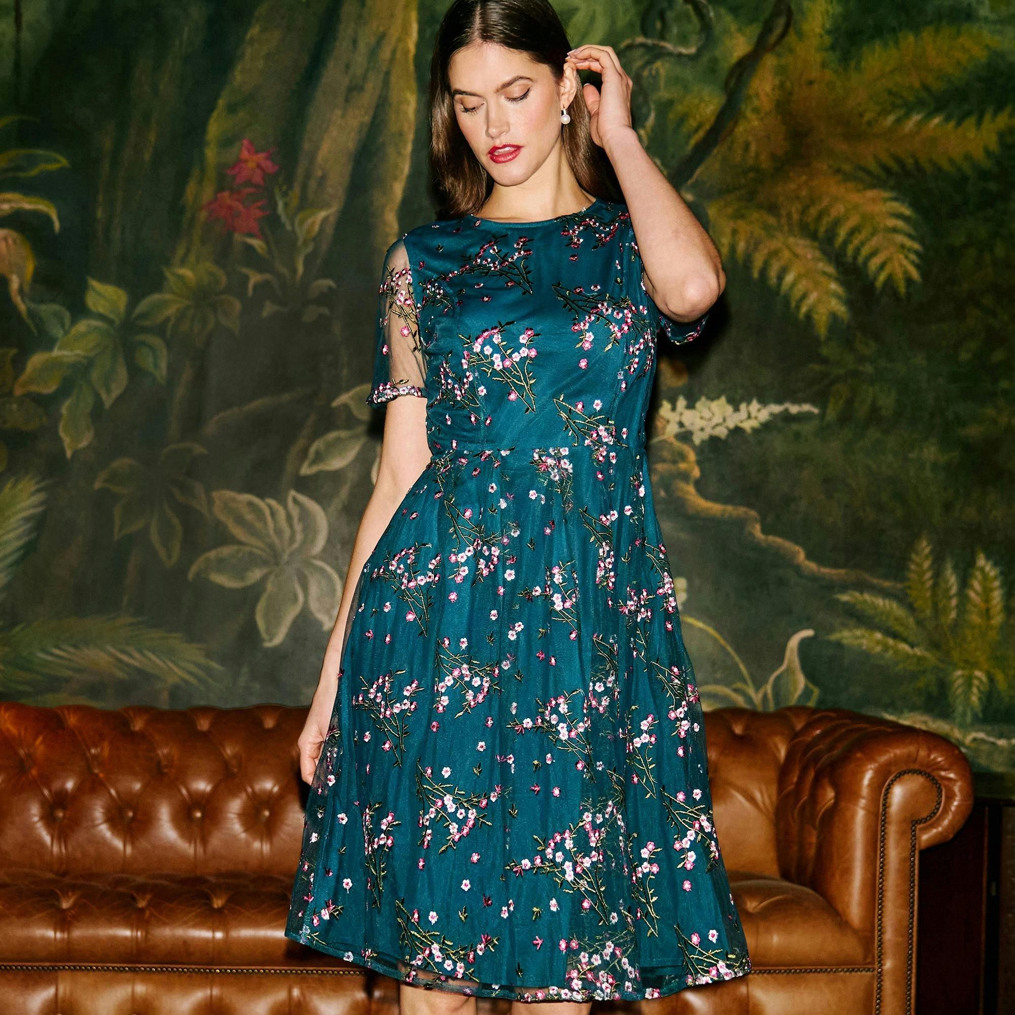 Yumi Teal Embroidered Floral Mesh Prom Dress , view 2 of 6