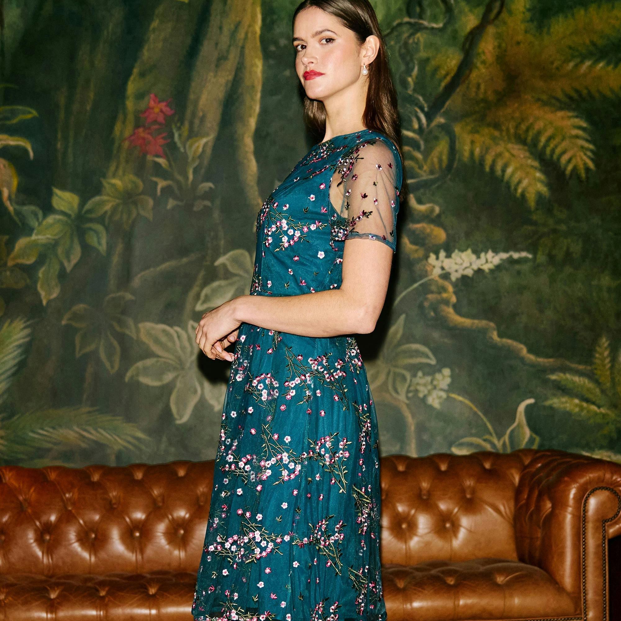 Yumi Teal Embroidered Floral Mesh Prom Dress , view 3 of 6