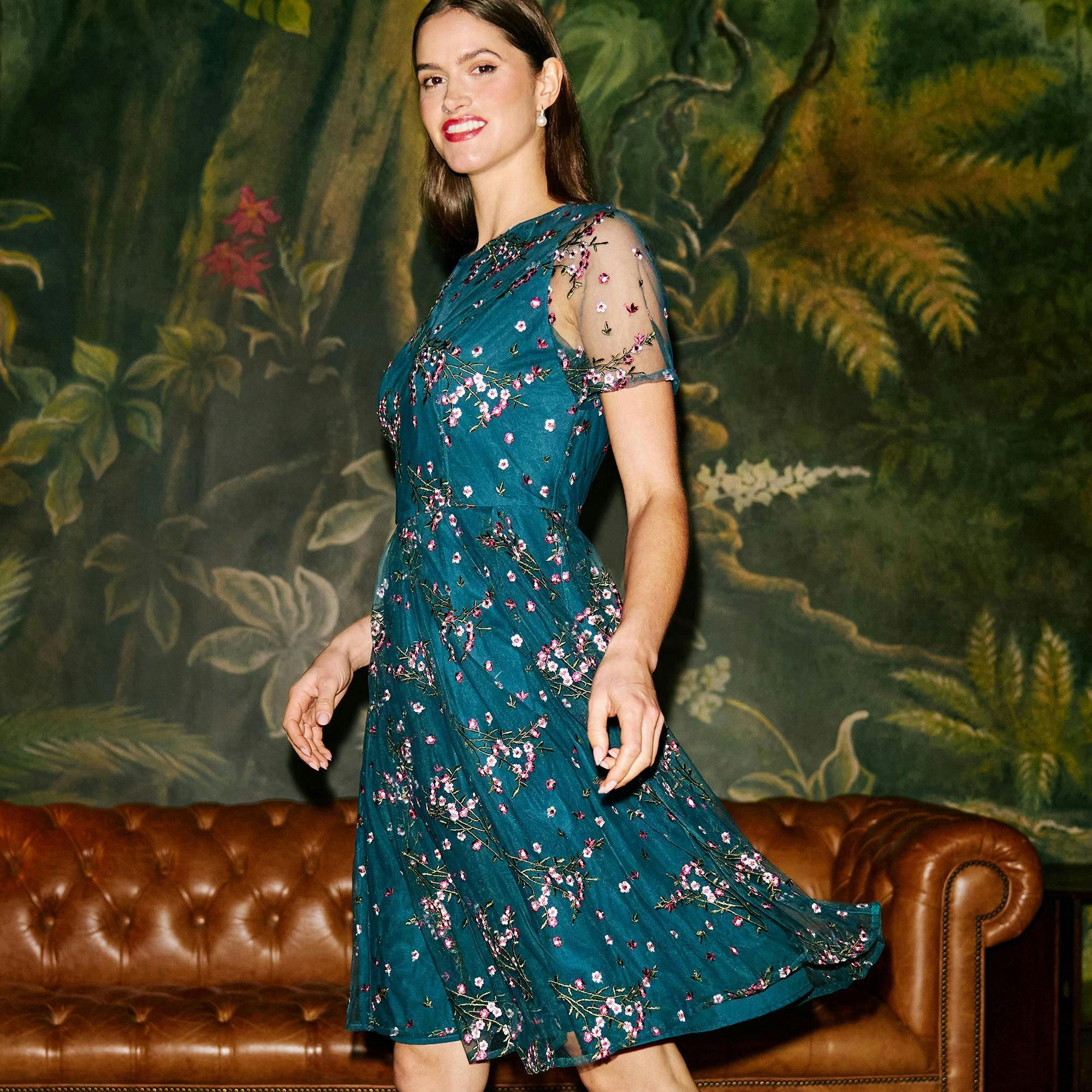 Yumi Teal Embroidered Floral Mesh Prom Dress , view 4 of 6