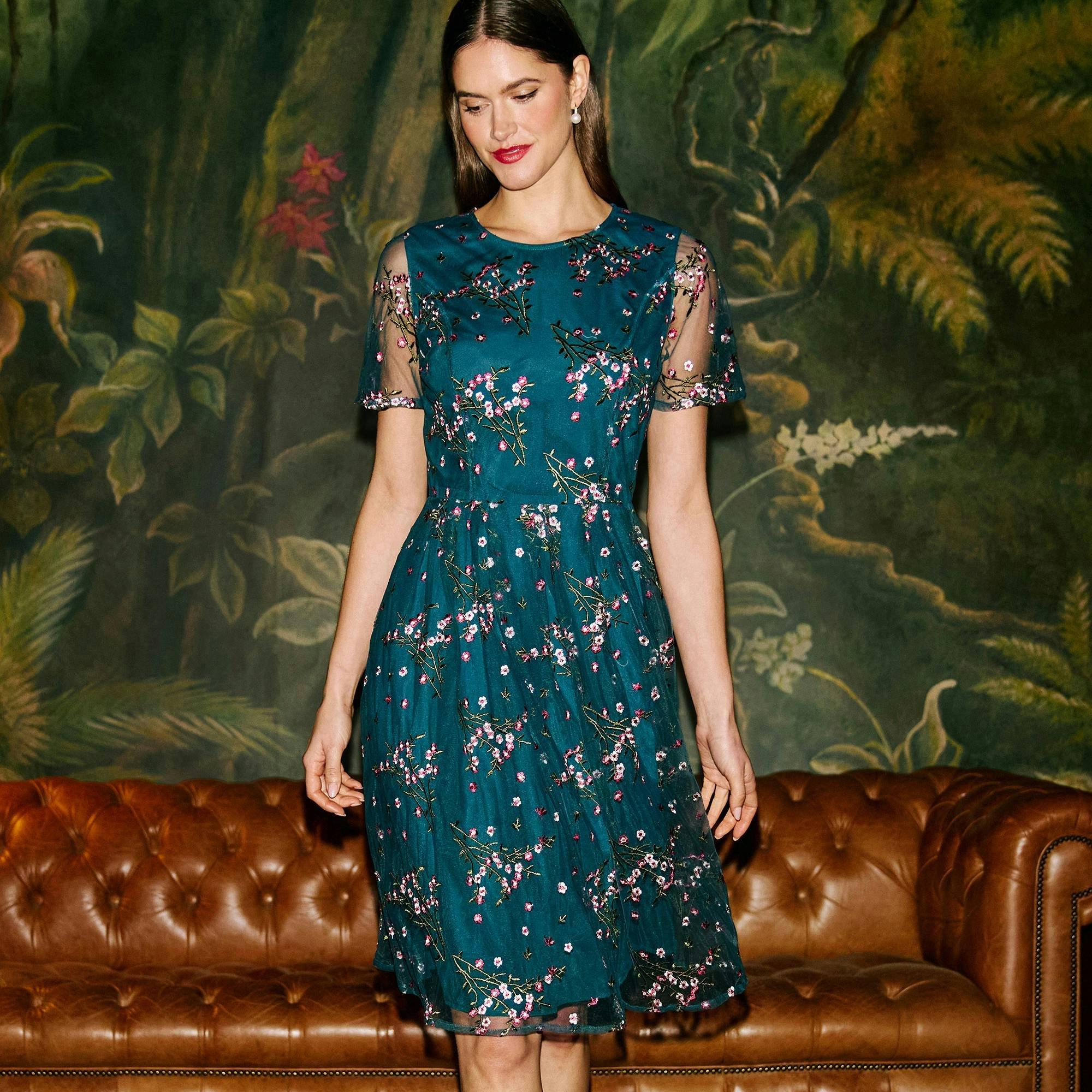 Yumi Teal Embroidered Floral Mesh Prom Dress , view 5 of 6
