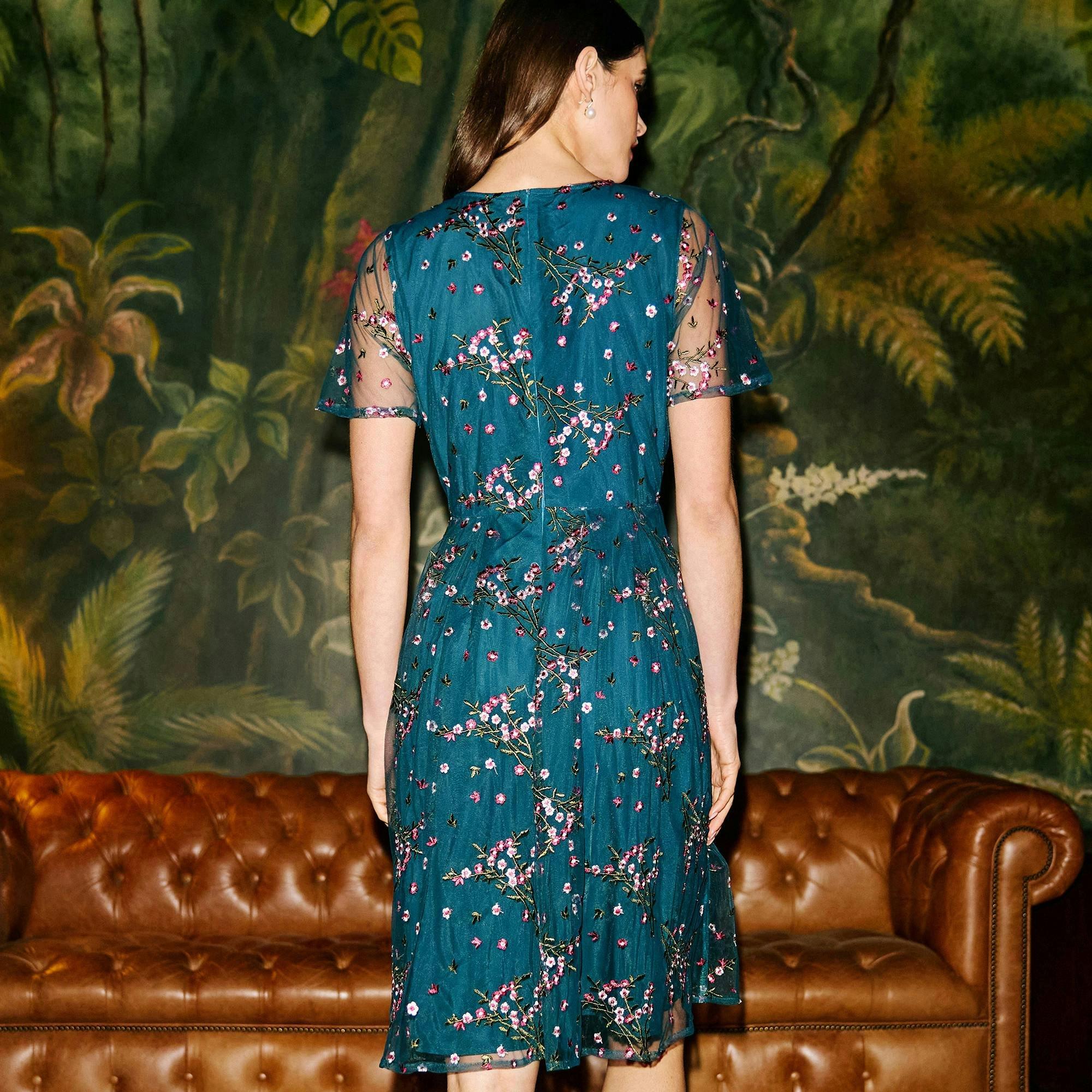 Yumi Teal Embroidered Floral Mesh Prom Dress , view 6 of 6