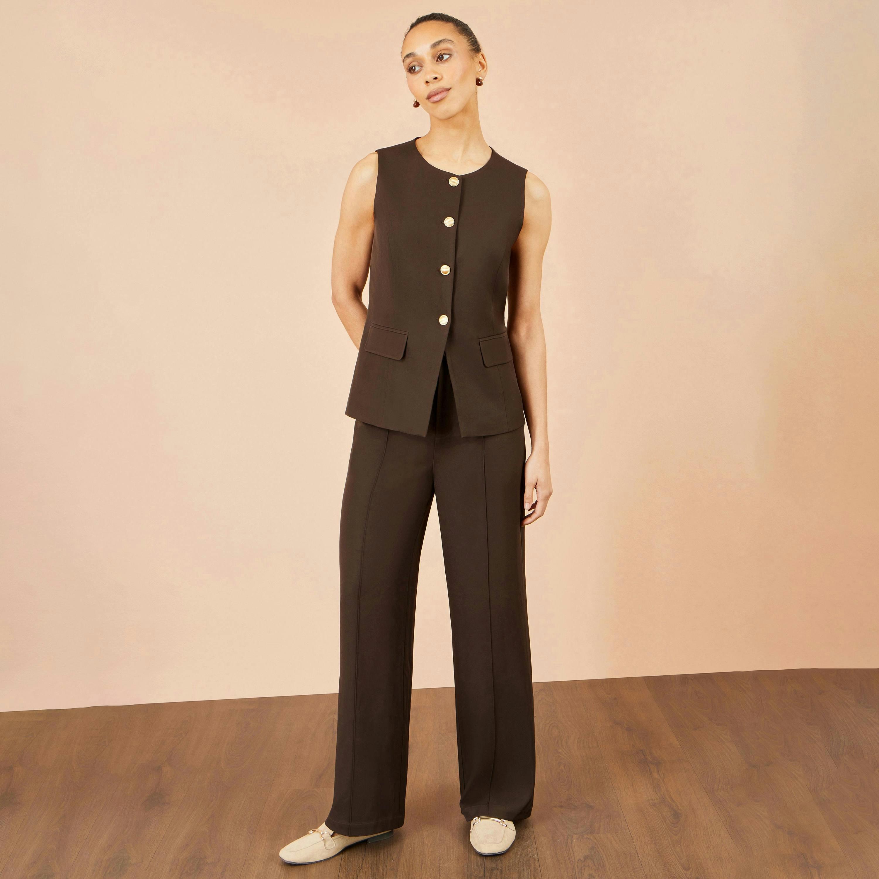 Yumi Brown Long Line Button Waistcoat Top , view 3 of 5