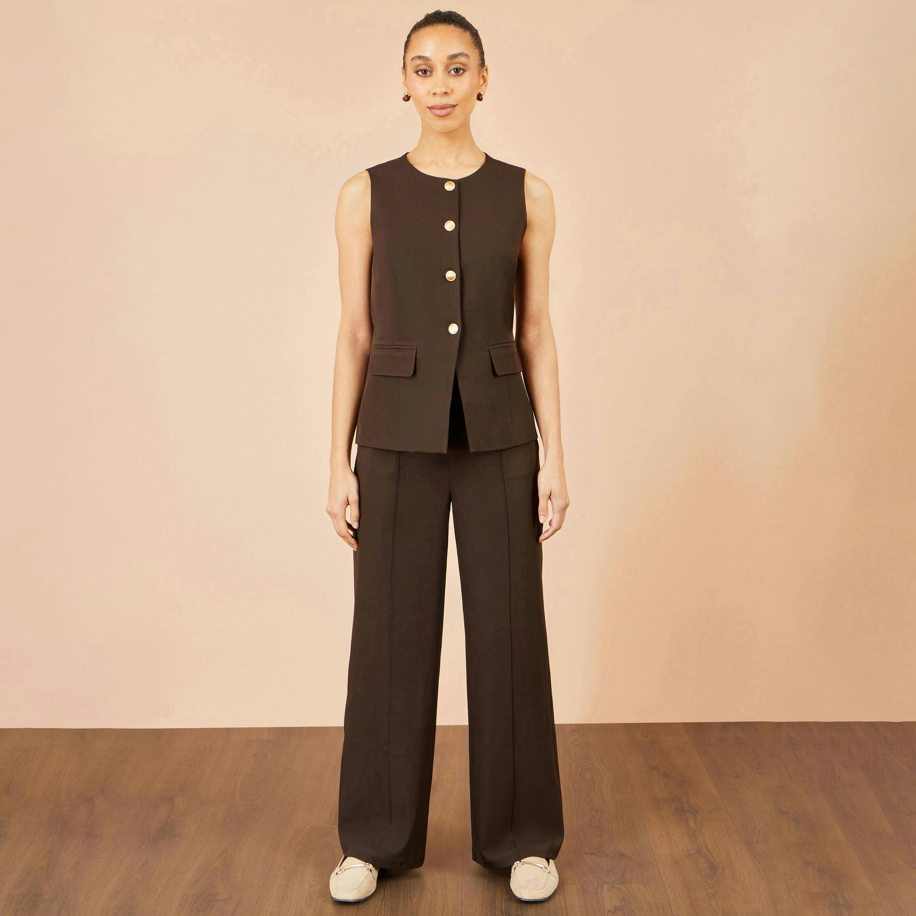 Yumi Brown Long Line Button Waistcoat Top , view 4 of 5