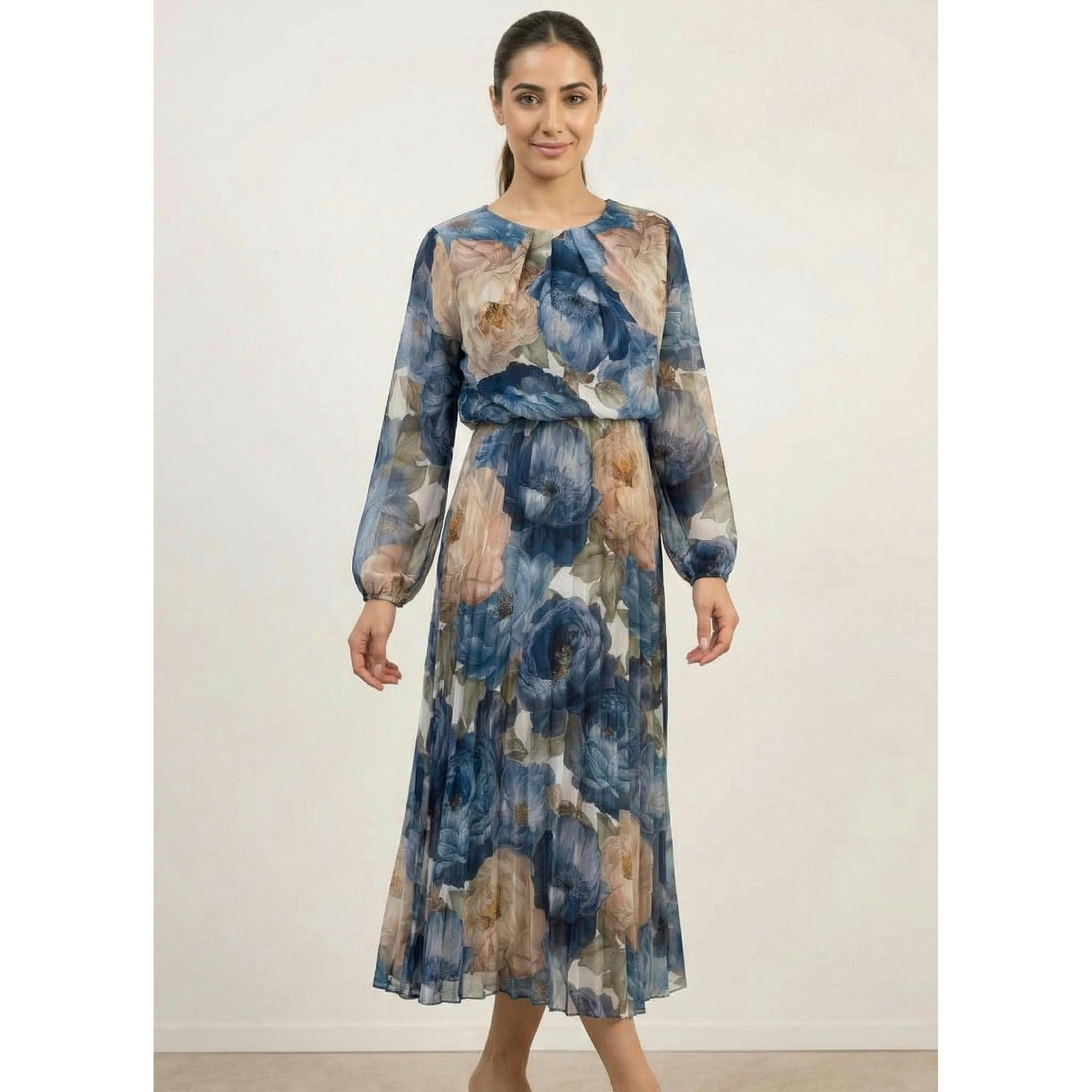 Blue Vanilla Pleated Floral Dress  in Blue , view 1 of 3
