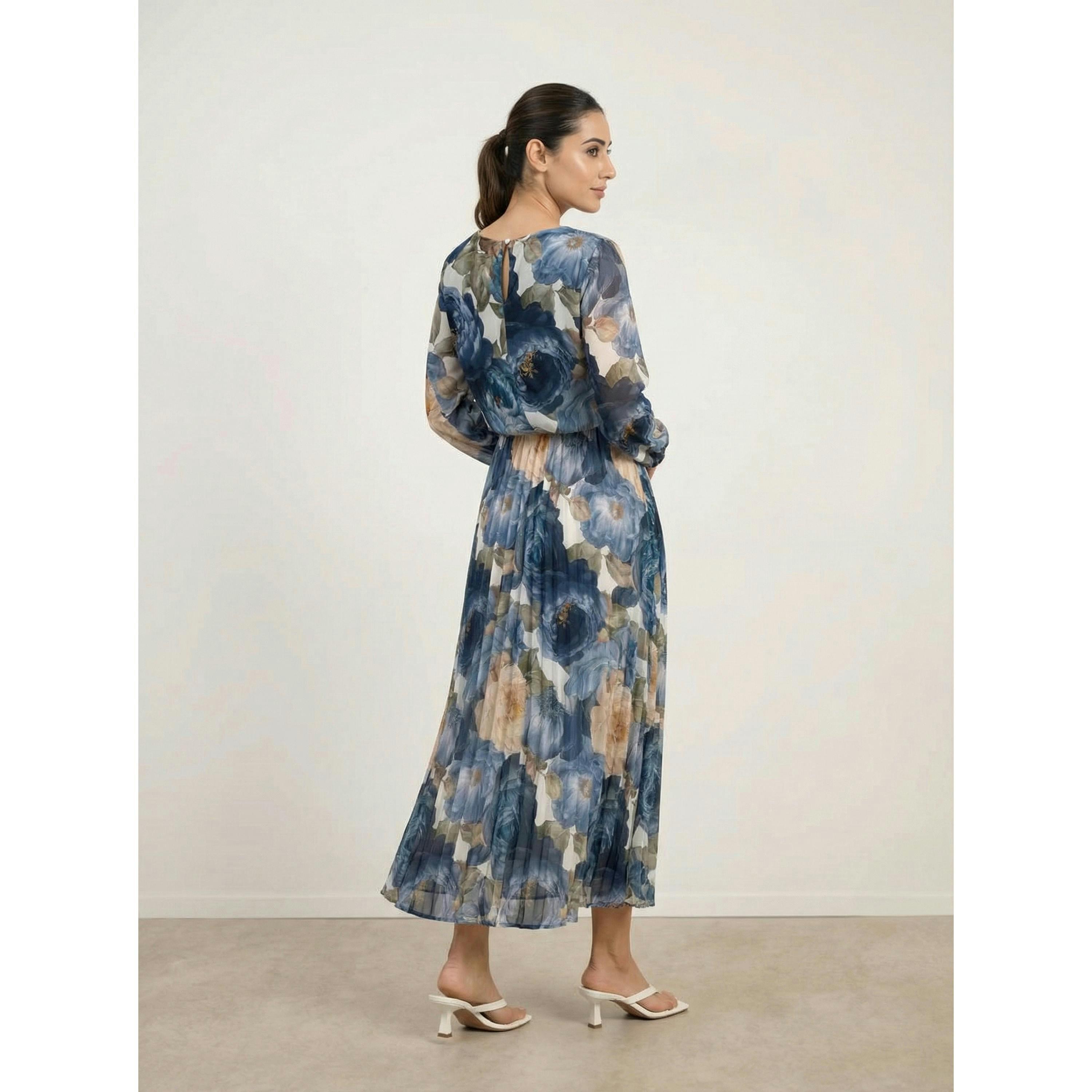 Blue Vanilla Pleated Floral Dress  in Blue , view 2 of 3