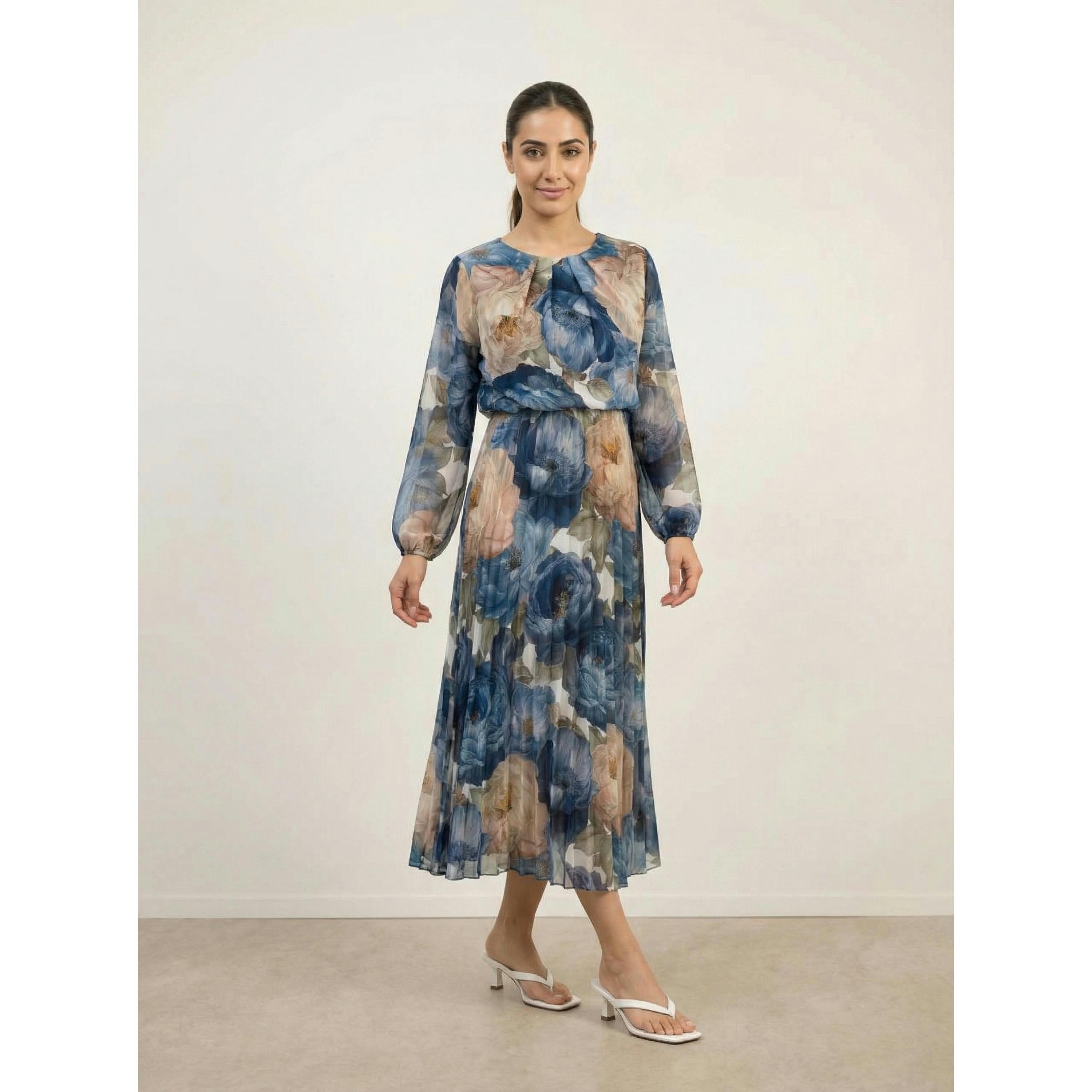 Blue Vanilla Pleated Floral Dress  in Blue , view 3 of 3