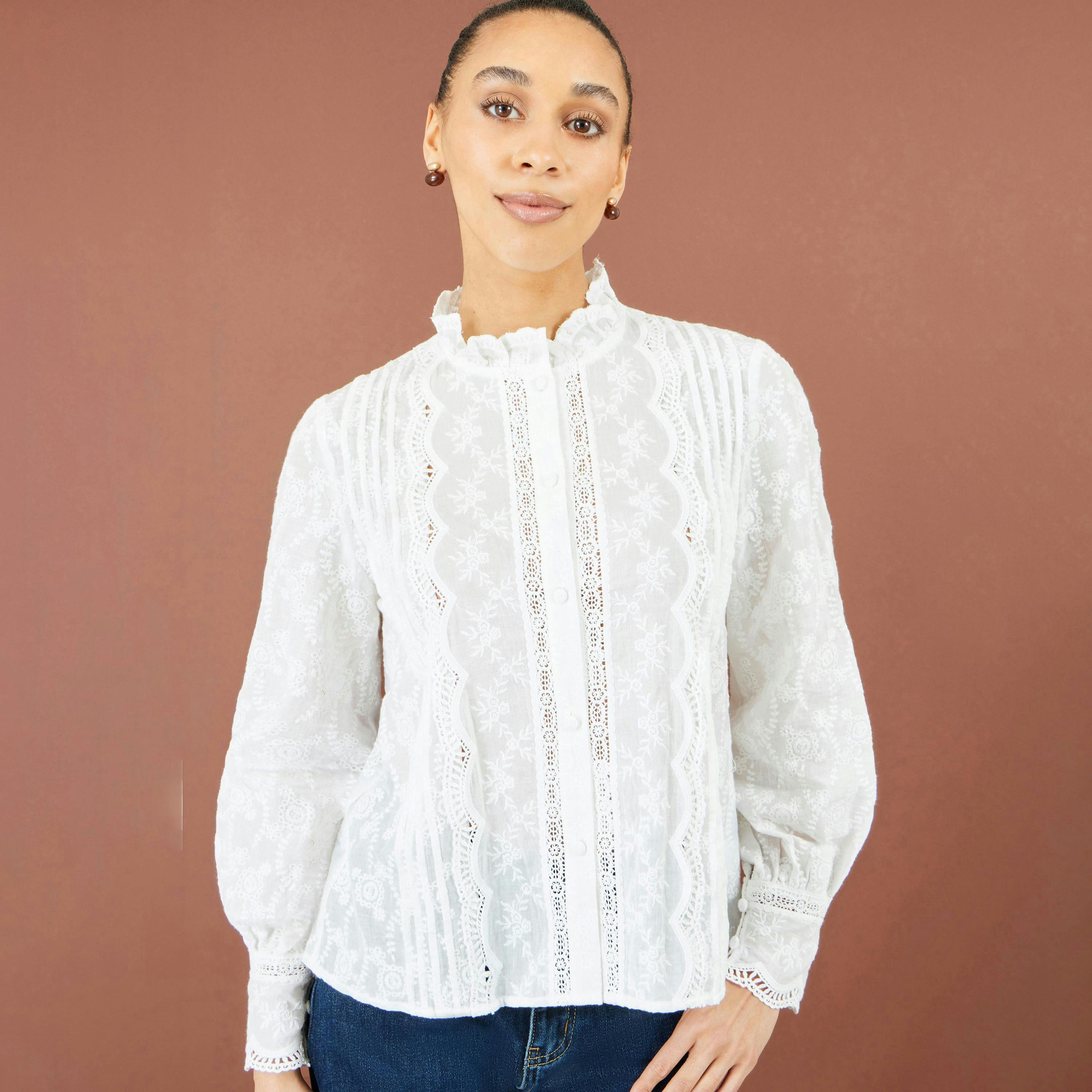 Yumi White Floral Cotton Shirt With Lace Details , view 2 of 6