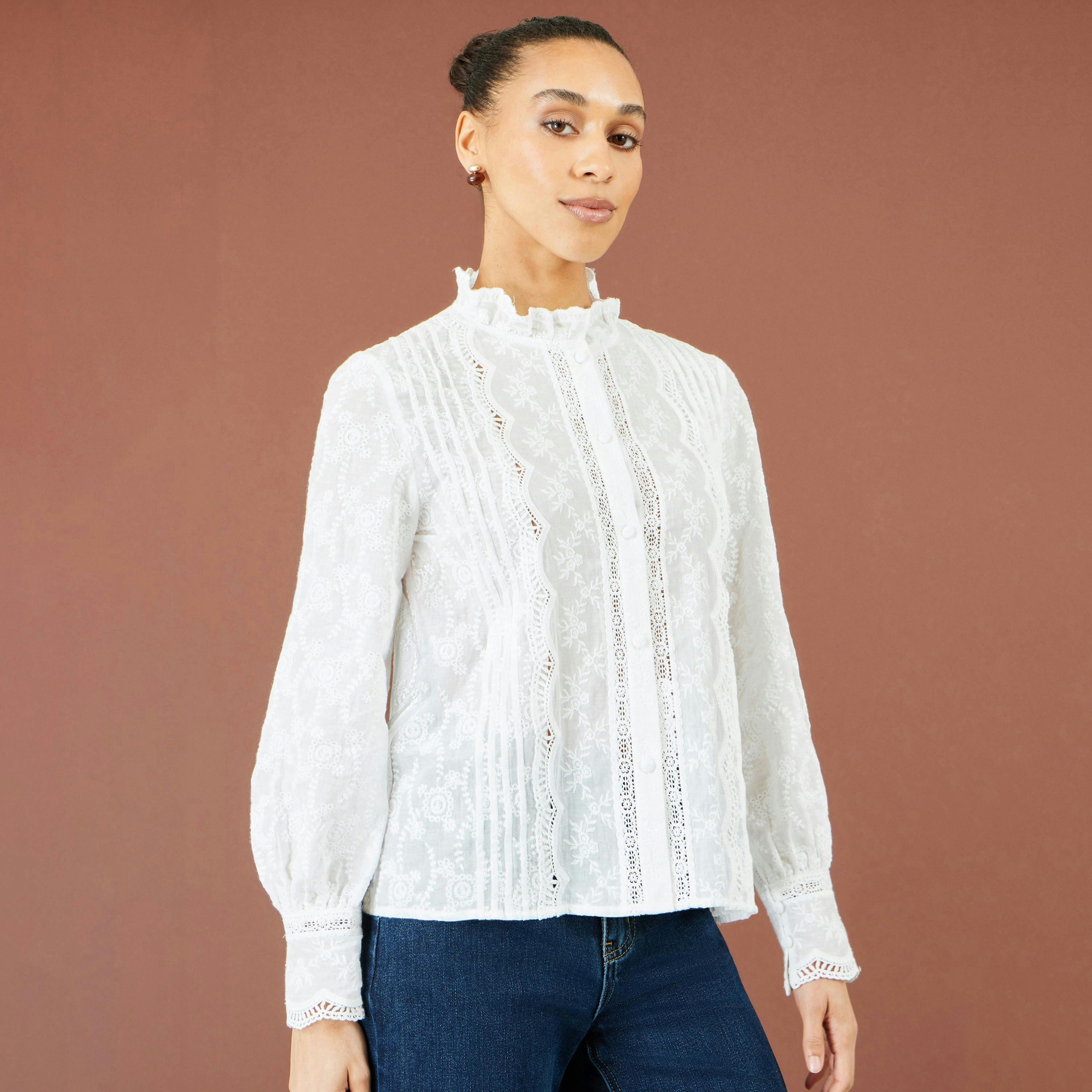 Yumi White Floral Cotton Shirt With Lace Details , view 3 of 6