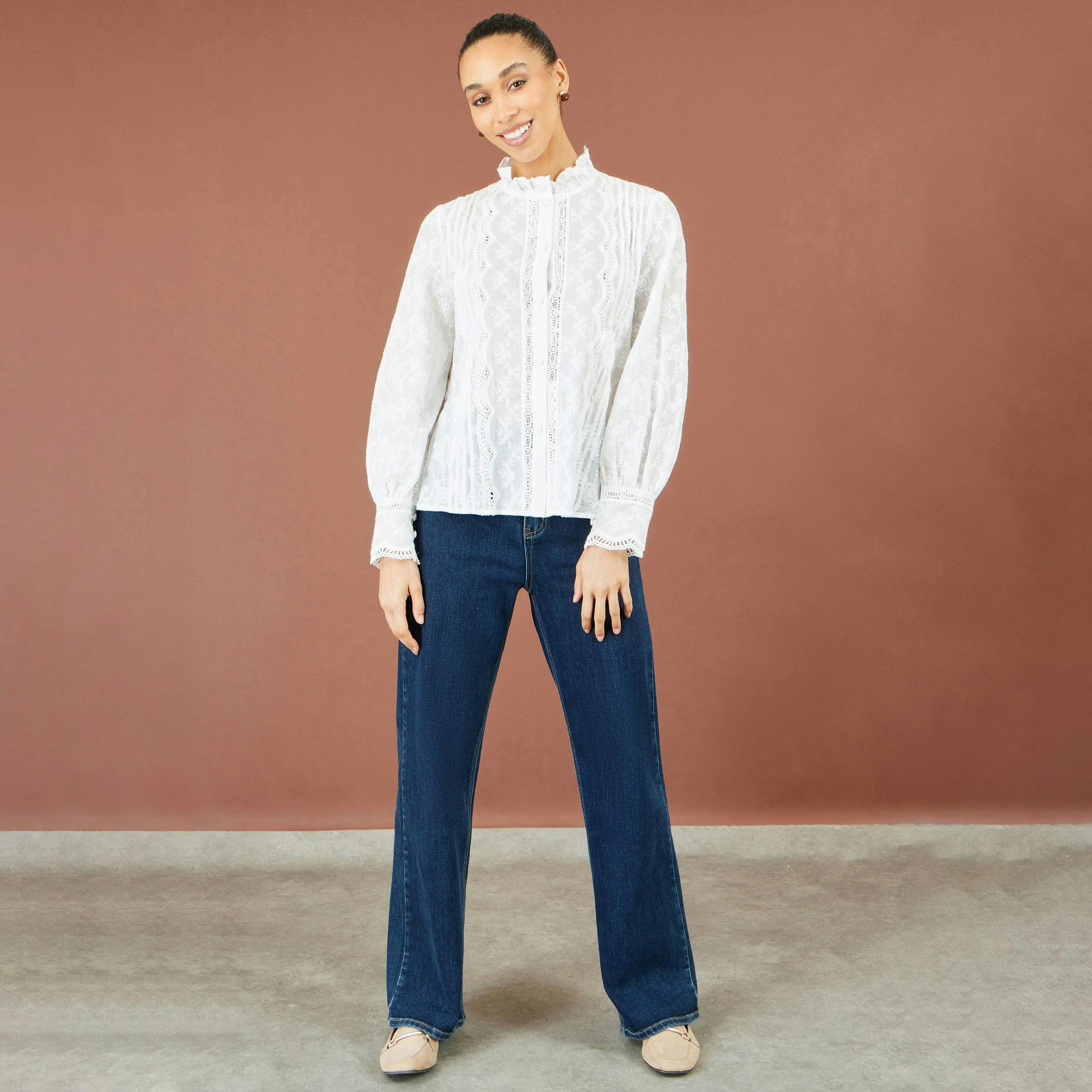 Yumi White Floral Cotton Shirt With Lace Details , view 4 of 6