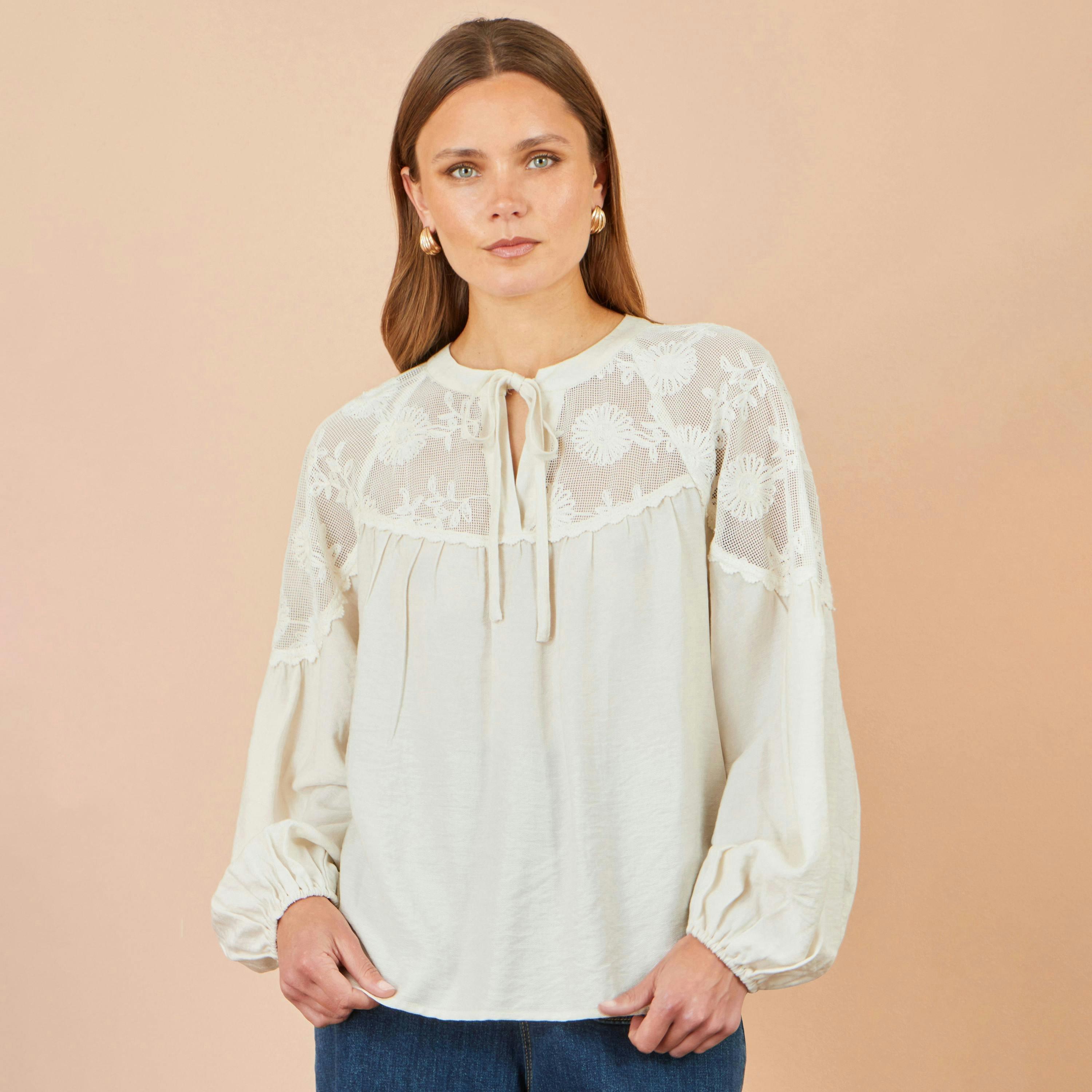 Yumi Ivory Viscose Lace Relaxed Boho Shirt , view 2 of 5
