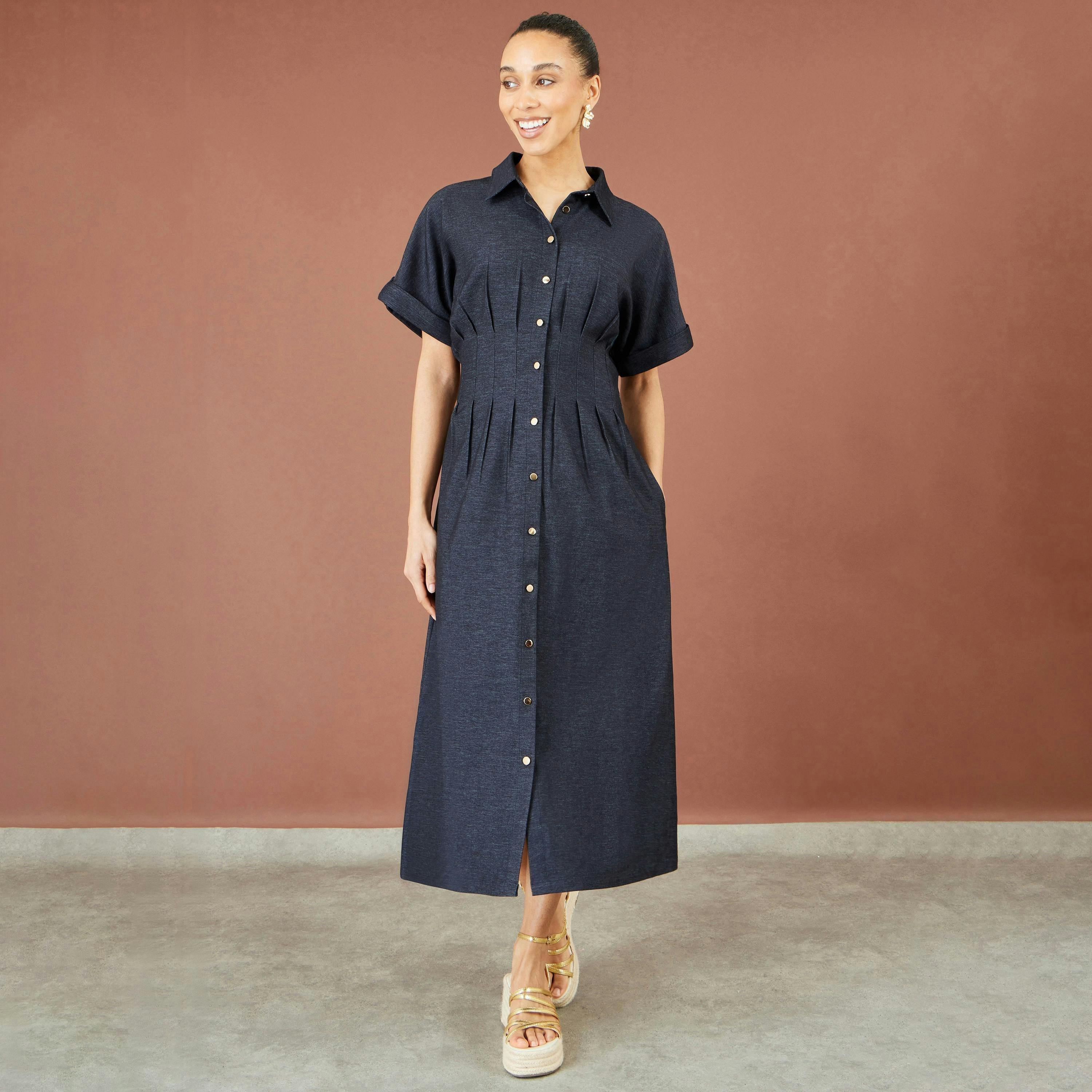 Yumi Navy Stretch Midi Shirt Dress , view 2 of 6