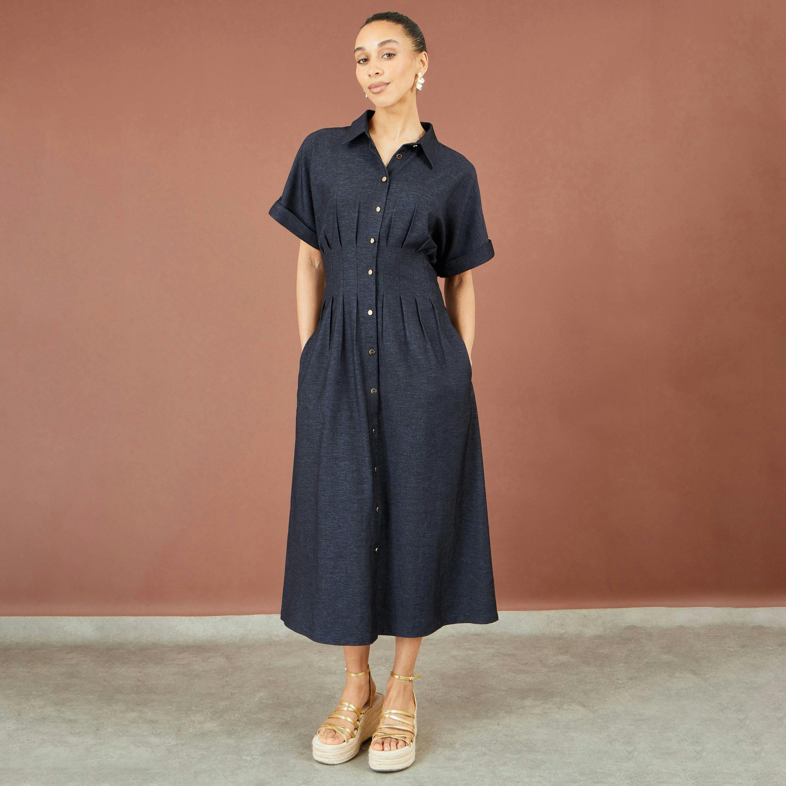 Yumi Navy Stretch Midi Shirt Dress , view 3 of 6