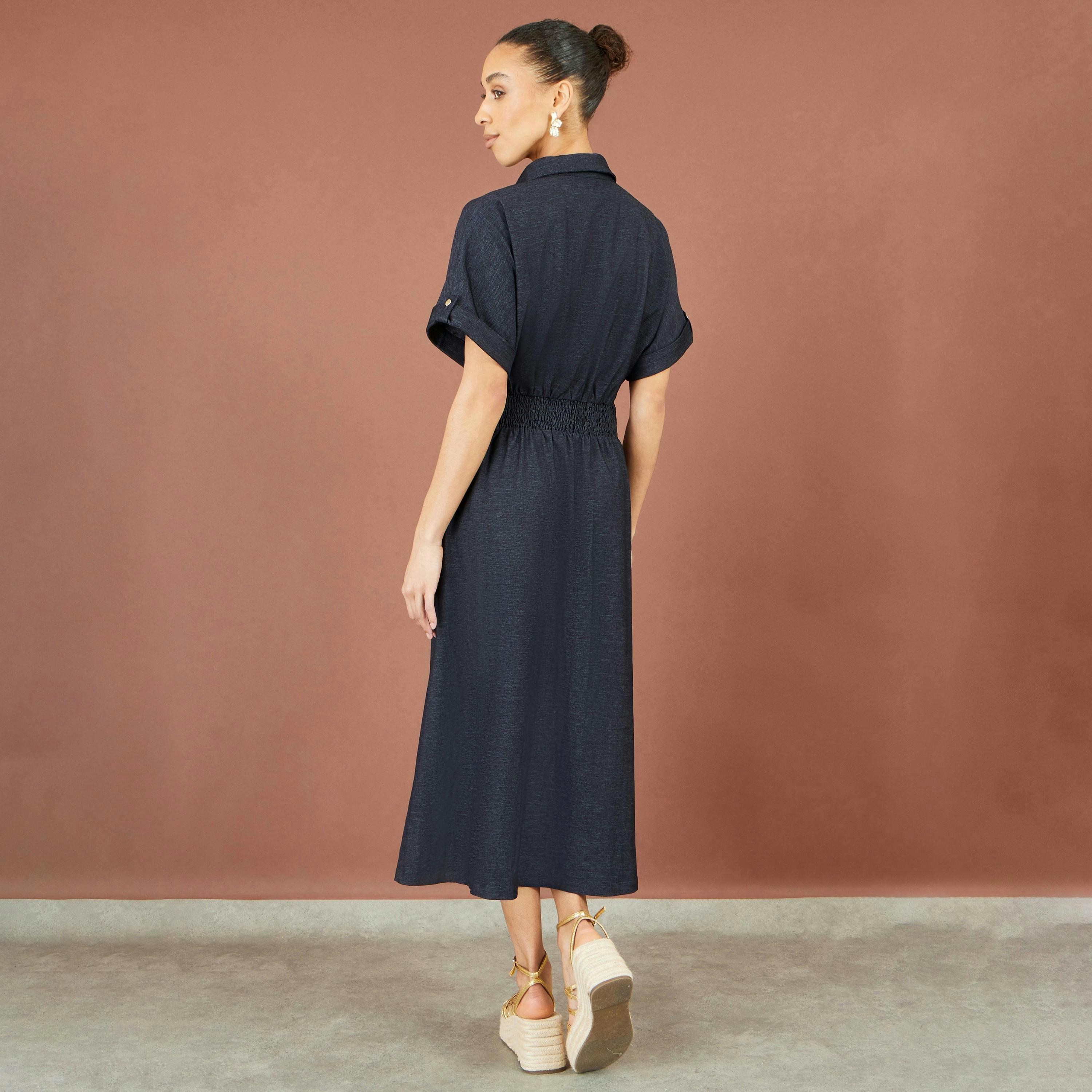 Yumi Navy Stretch Midi Shirt Dress , view 4 of 6