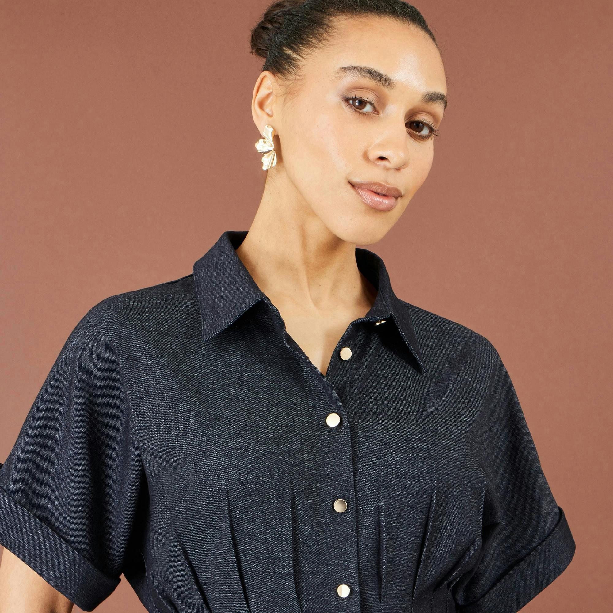 Yumi Navy Stretch Midi Shirt Dress , view 5 of 6
