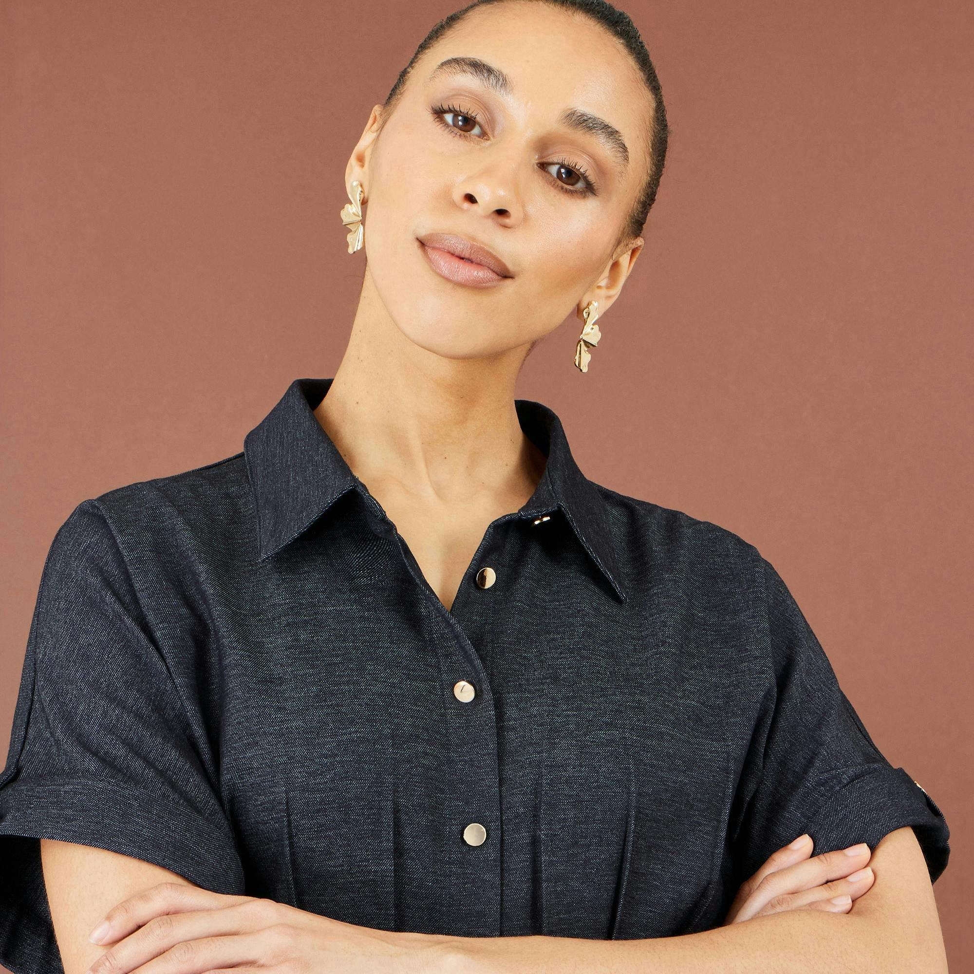 Yumi Navy Stretch Midi Shirt Dress , view 6 of 6