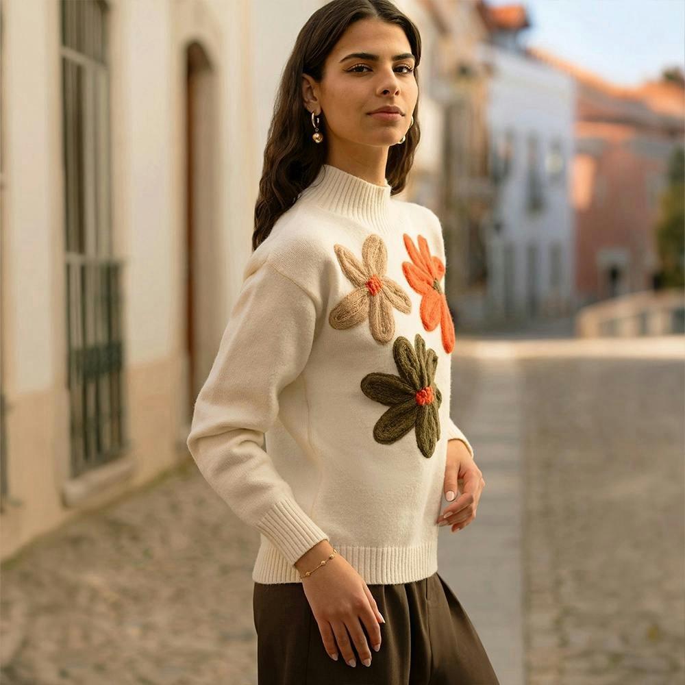 Yumi Ivory Knitted High Neck Jumper With Applique Flowers , view 2 of 3