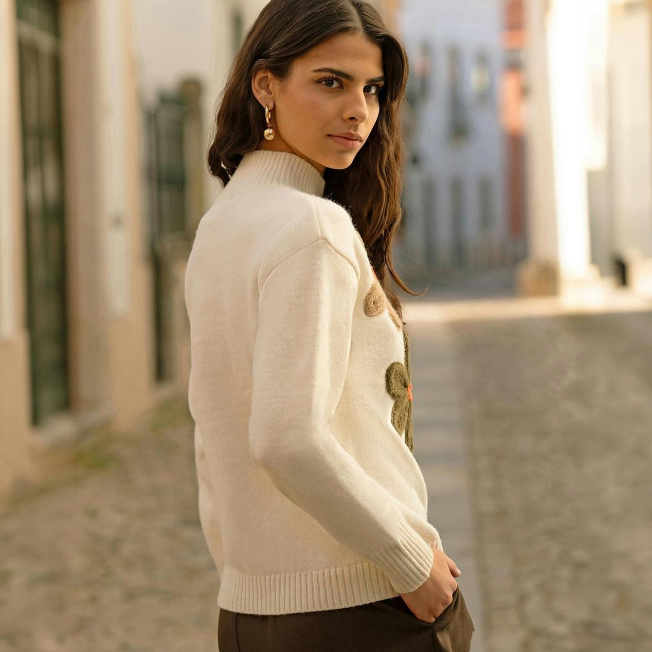 Yumi Ivory Knitted High Neck Jumper With Applique Flowers , view 3 of 3