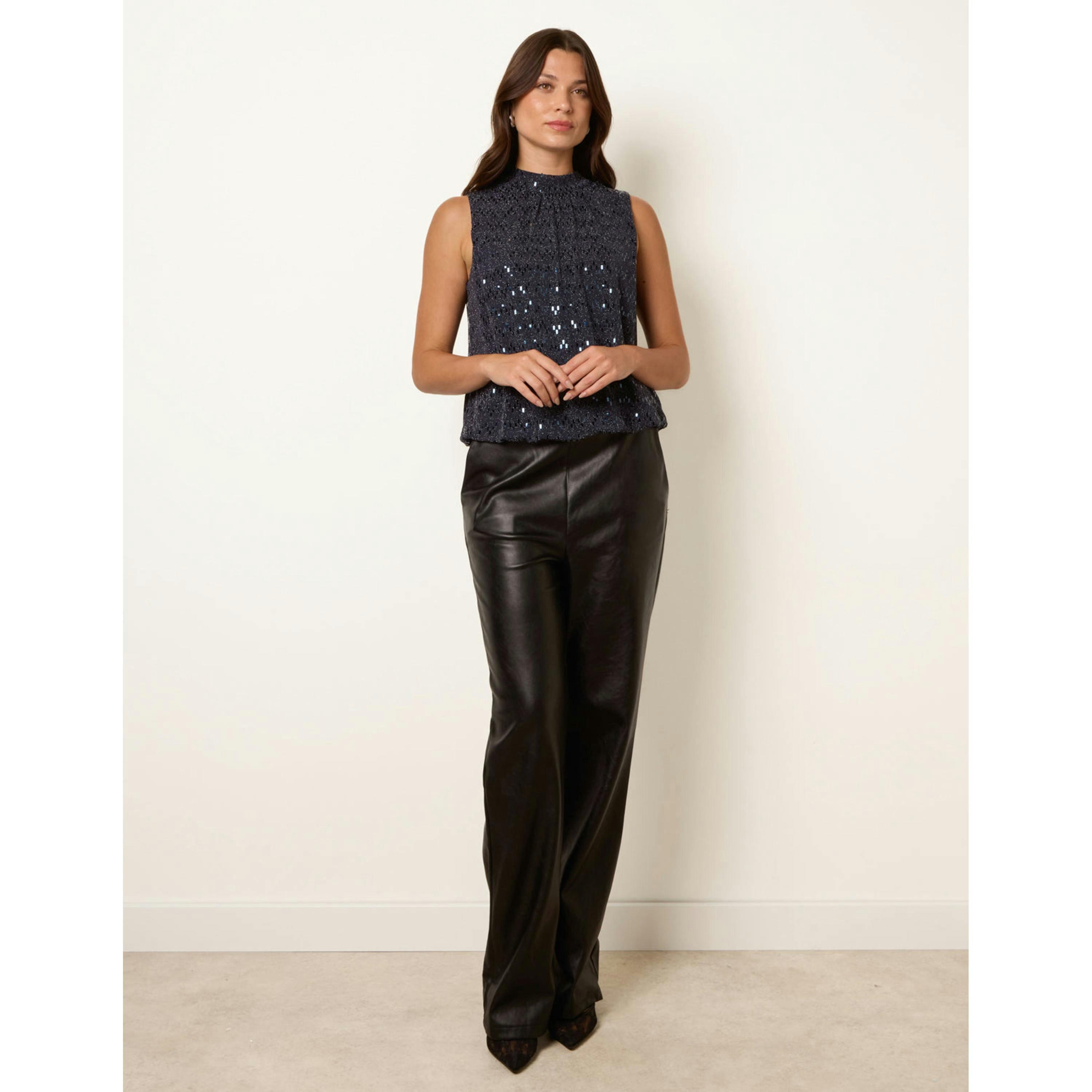 Blue Vanilla High Neck Metallic Puff Ball Blouse  in Navy , view 1 of 4