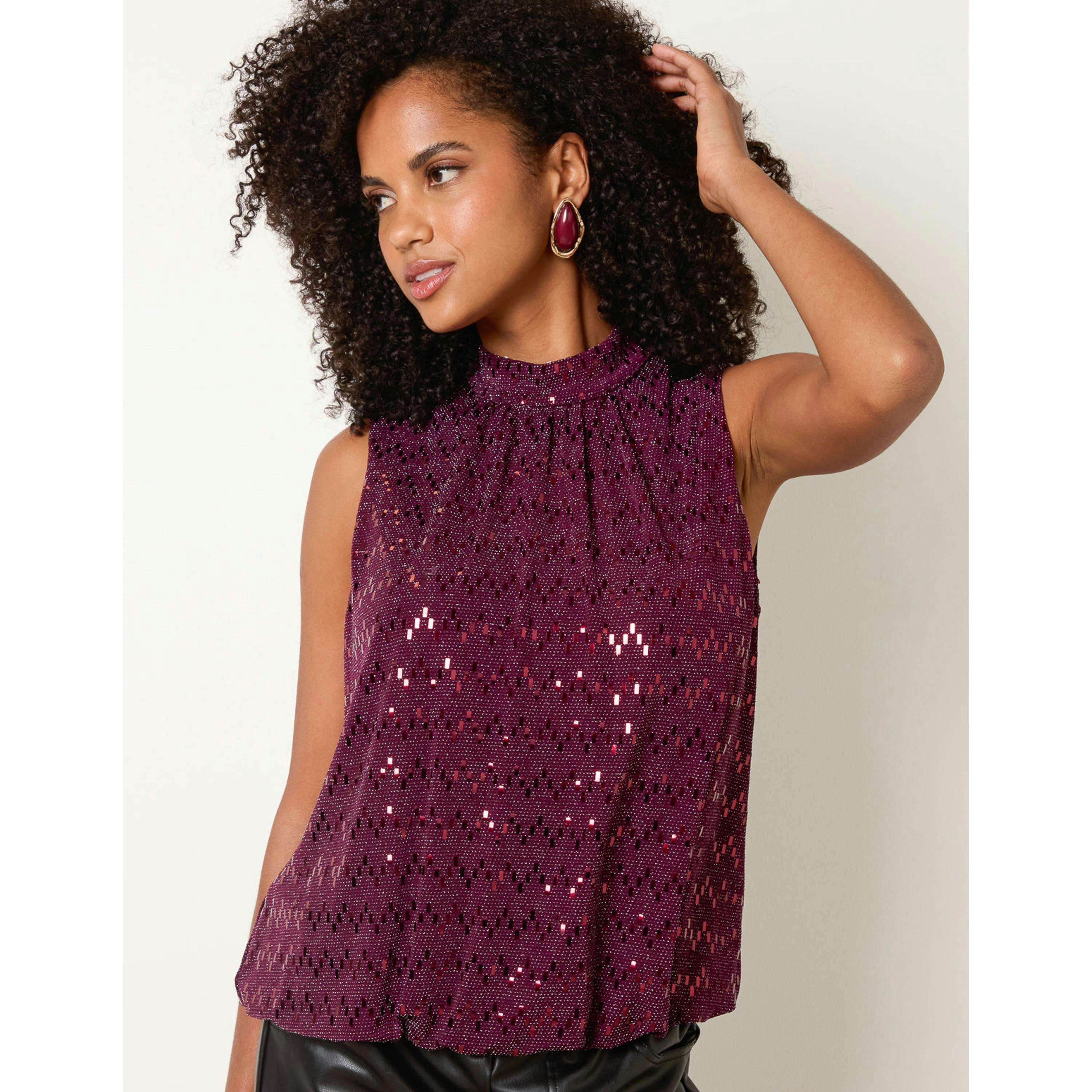 Blue Vanilla High Neck Metallic Puff Ball Blouse  in Wine , view 1 of 4