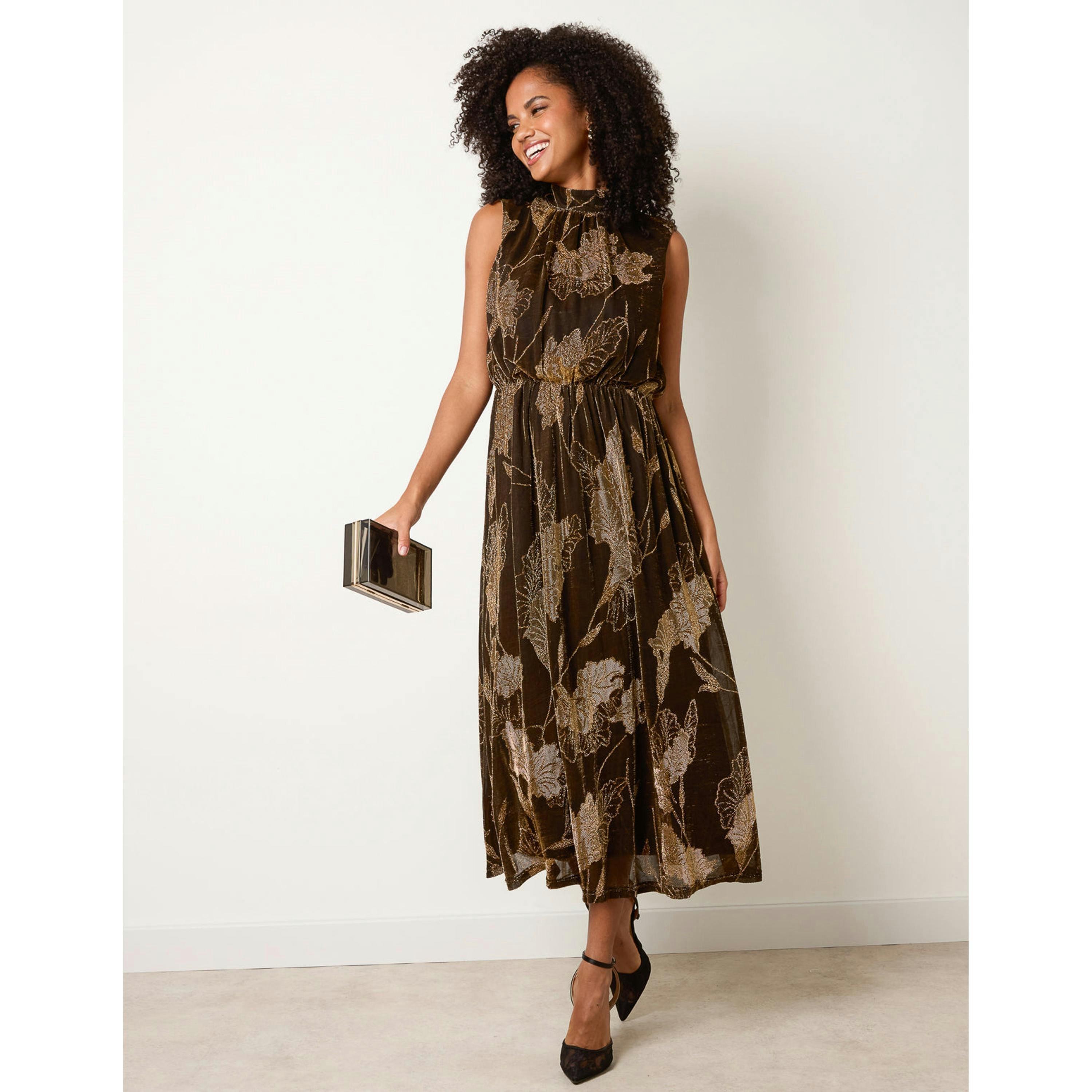 Blue Vanilla High Neck Jacquard Midi Dress  in Bronze , view 1 of 4