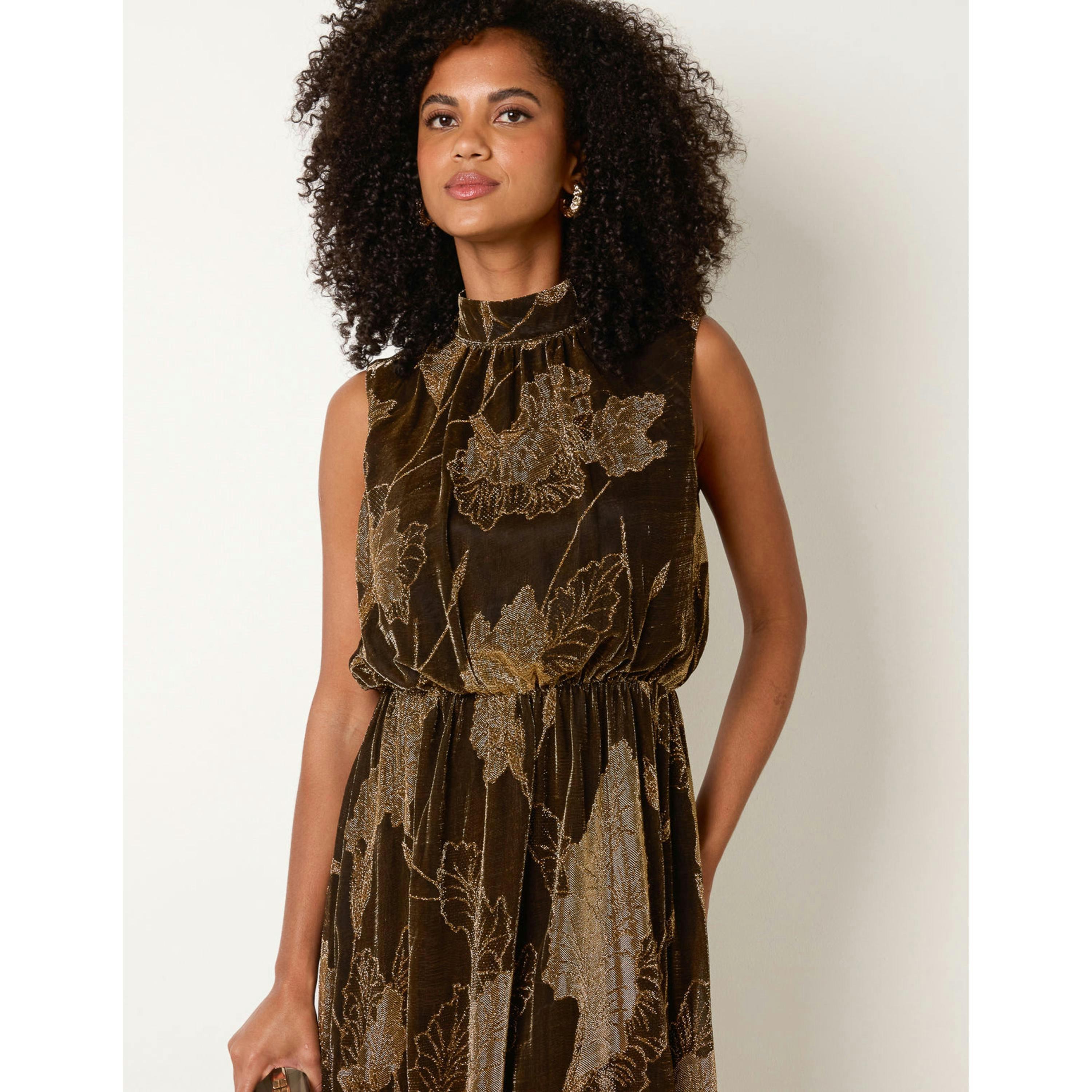 Blue Vanilla High Neck Jacquard Midi Dress  in Bronze , view 3 of 4