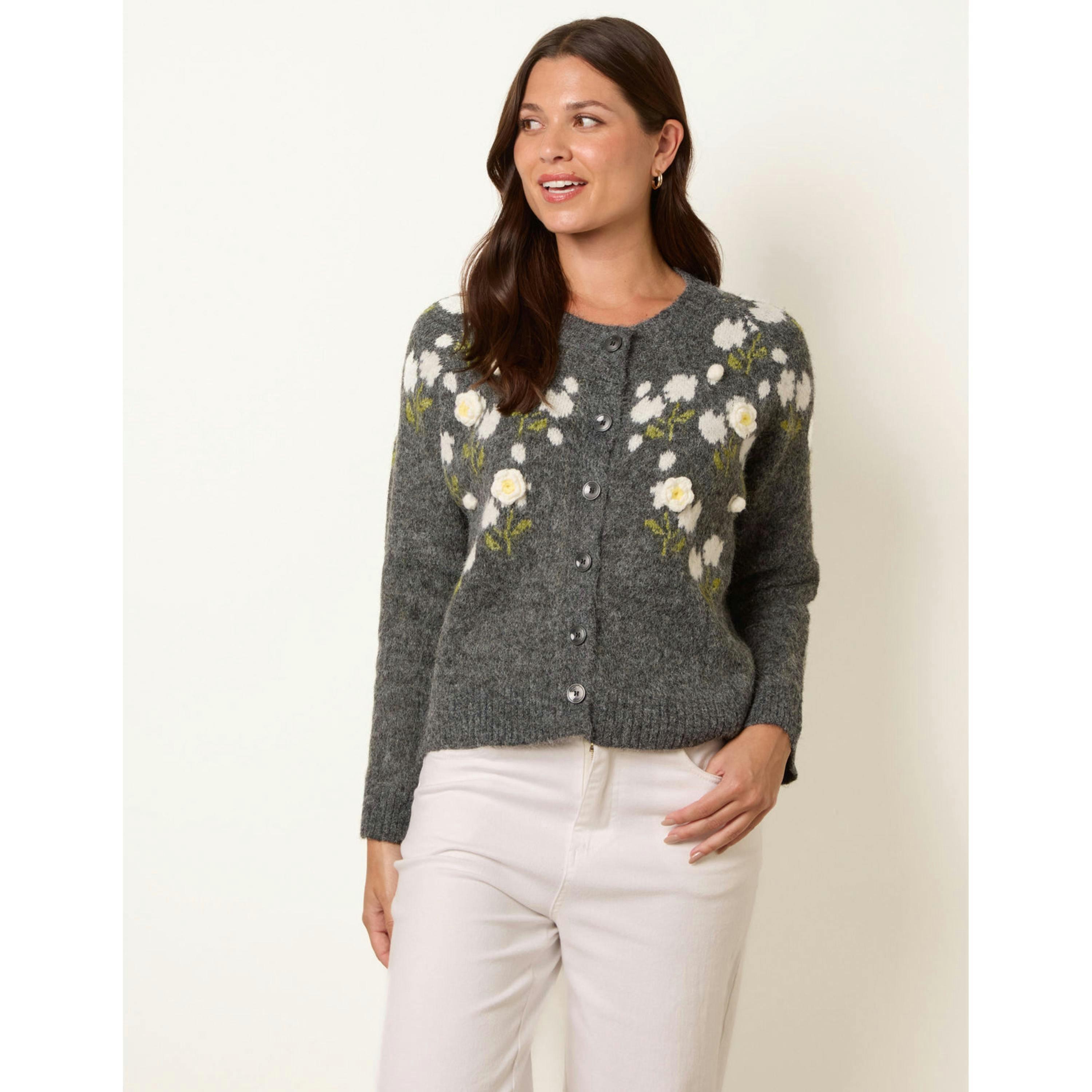 Blue Vanilla Floral Knit Button Front Cardigan  in Grey , view 1 of 4