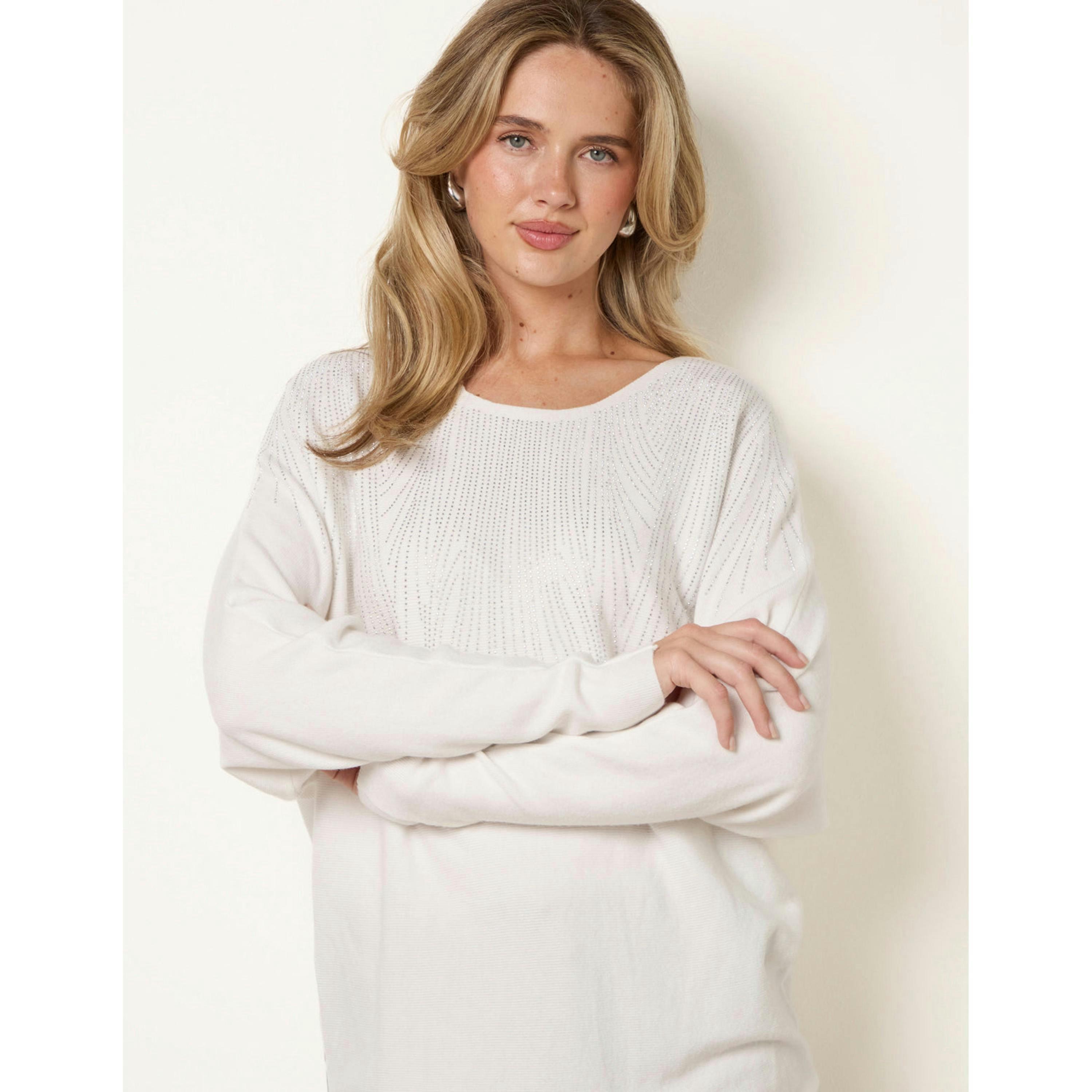 Blue Vanilla Diamante Embellished Batwing Jumper  in Ivory , view 1 of 4