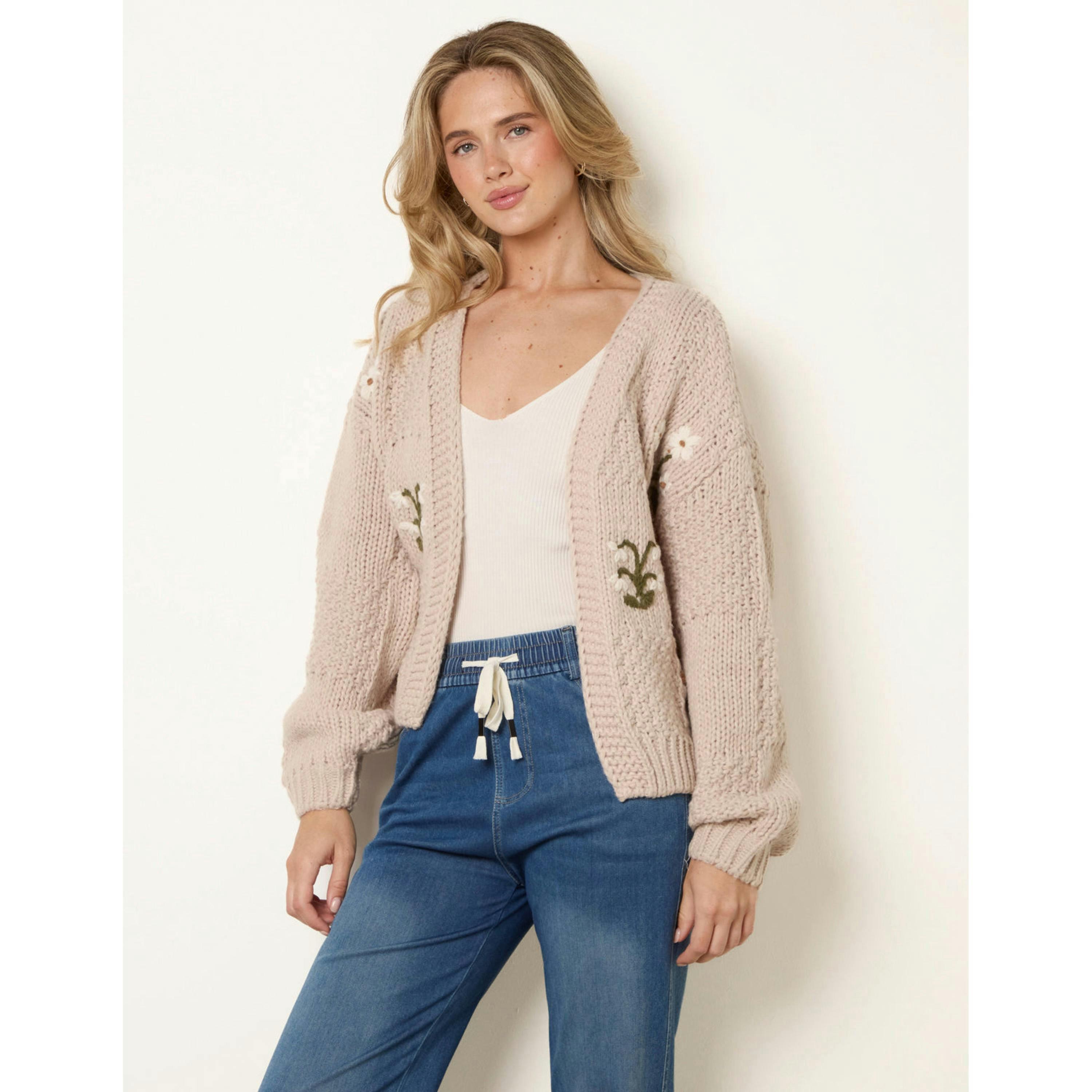 Blue Vanilla Flower Embroidery Cardigan  in Stone , view 1 of 5