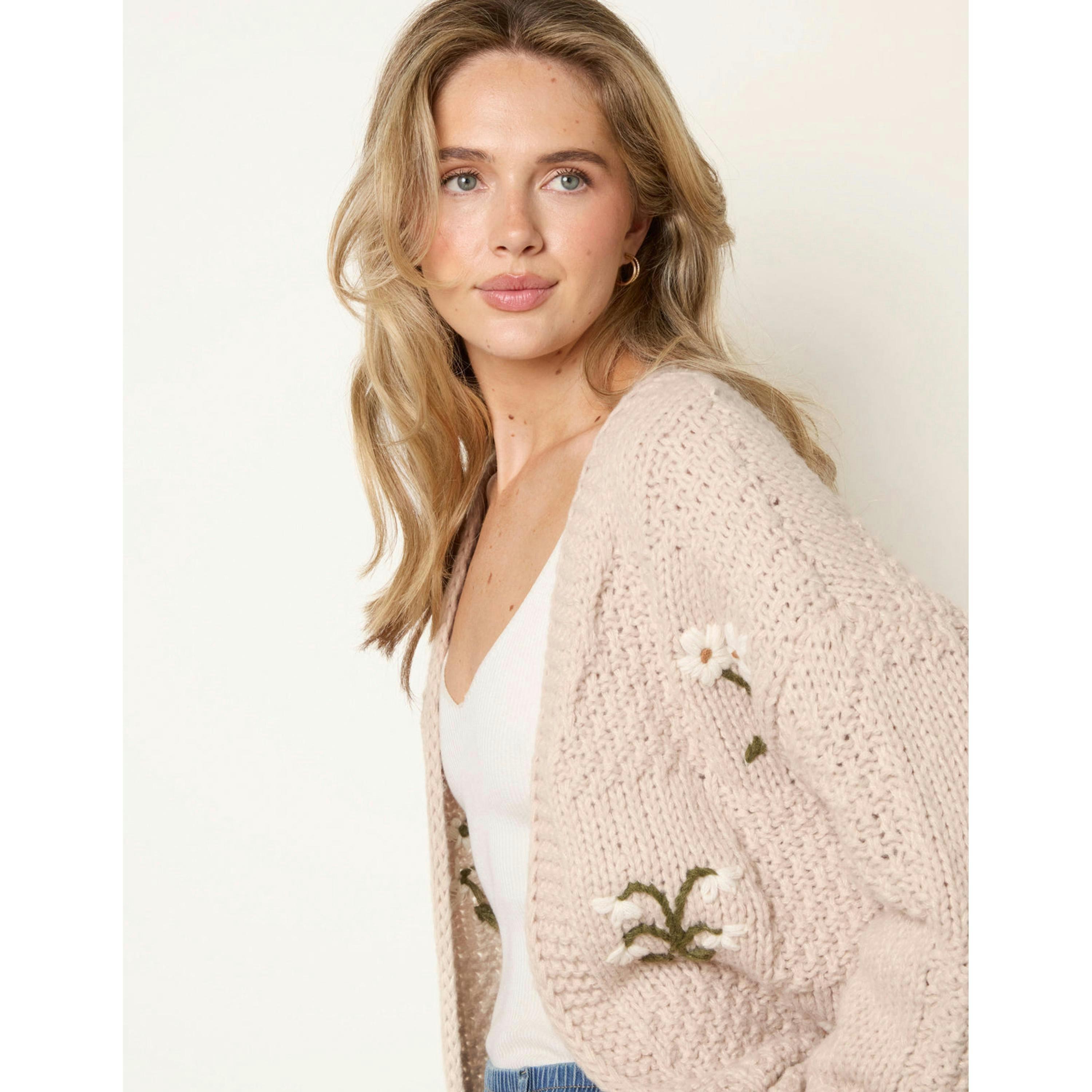 Blue Vanilla Flower Embroidery Cardigan  in Stone , view 4 of 5